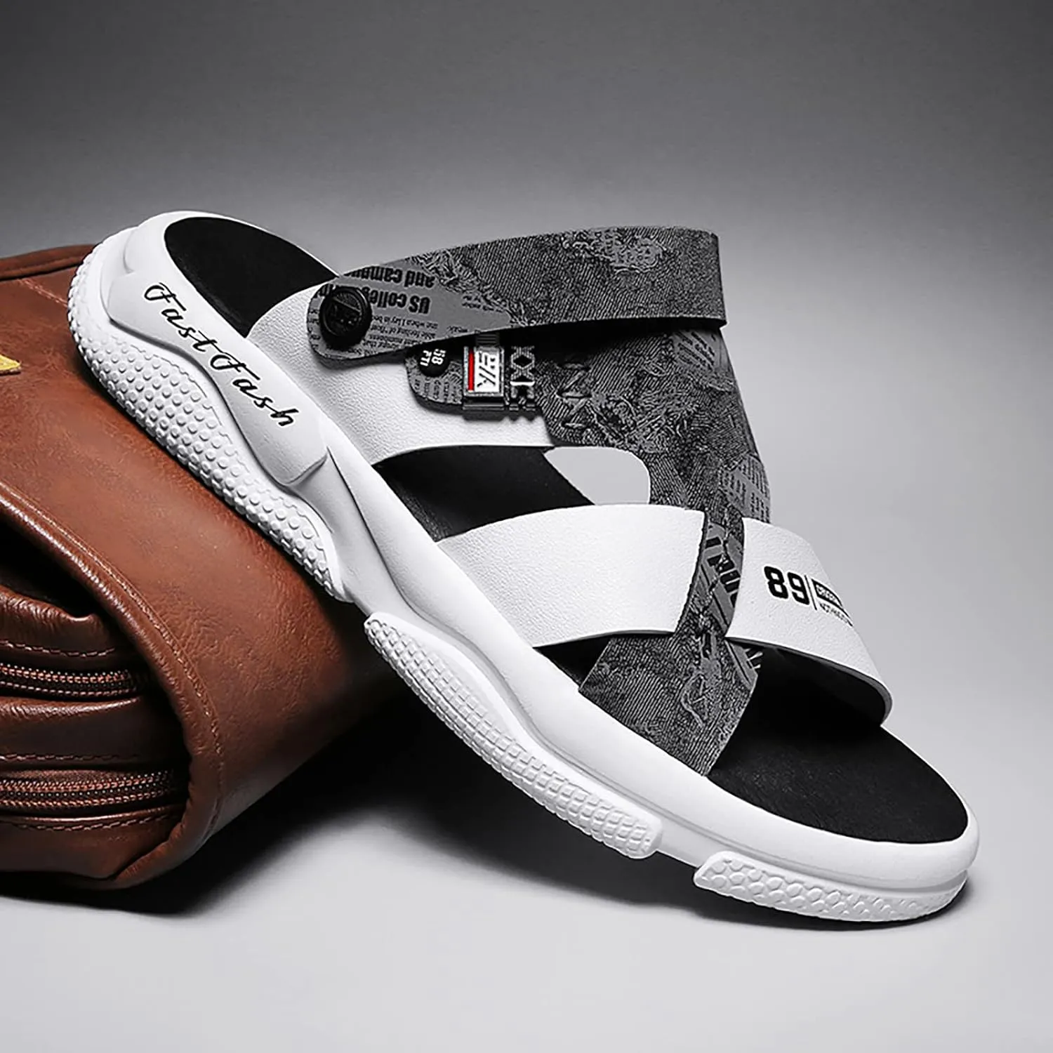 Mens Breathable Slides Sandals Summer Outdoor Cushioning Casual Lightweight Leather Sandals with Adjustable Band Non Slip Water Friendly Beach Wading Shoes Memory Foam Summer Outdoor Athletic Sandal