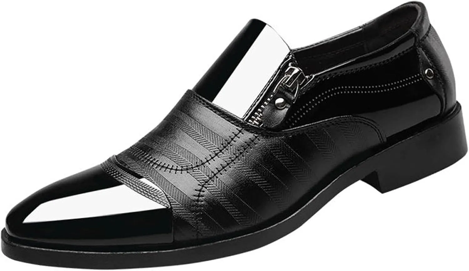 Mens Casual Business Formal Shoes Pionted Toe Patent Leather Shoes with Side Zipper Cap Toe Slip on Oxfords for Men Office Dress Shoe Arch Support Walking Oxfords Modern Dress Suit (Black, 8.5)