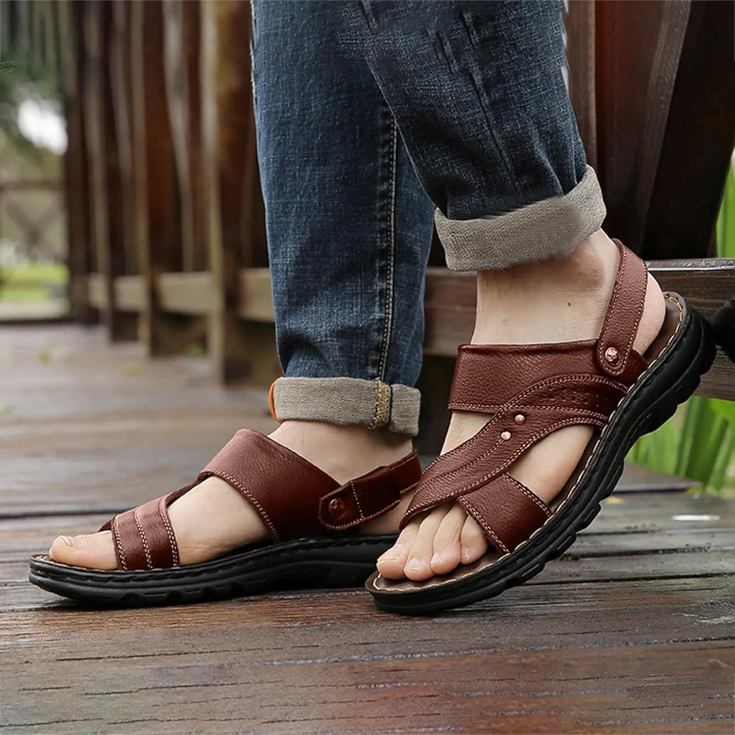 Men's Casual Leather Sandals Slippers Arch Support Beach Sandal Men's Breathable Open Toe Fisherman Sandals Orthopedic Leather Adjustable Sandal for Hiking Comfortable Walking Daily Work Wear