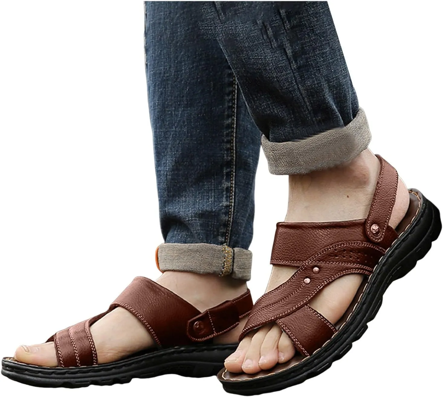 Men's Casual Leather Sandals Slippers Arch Support Beach Sandal Men's Breathable Open Toe Fisherman Sandals Orthopedic Leather Adjustable Sandal for Hiking Comfortable Walking Daily Work Wear