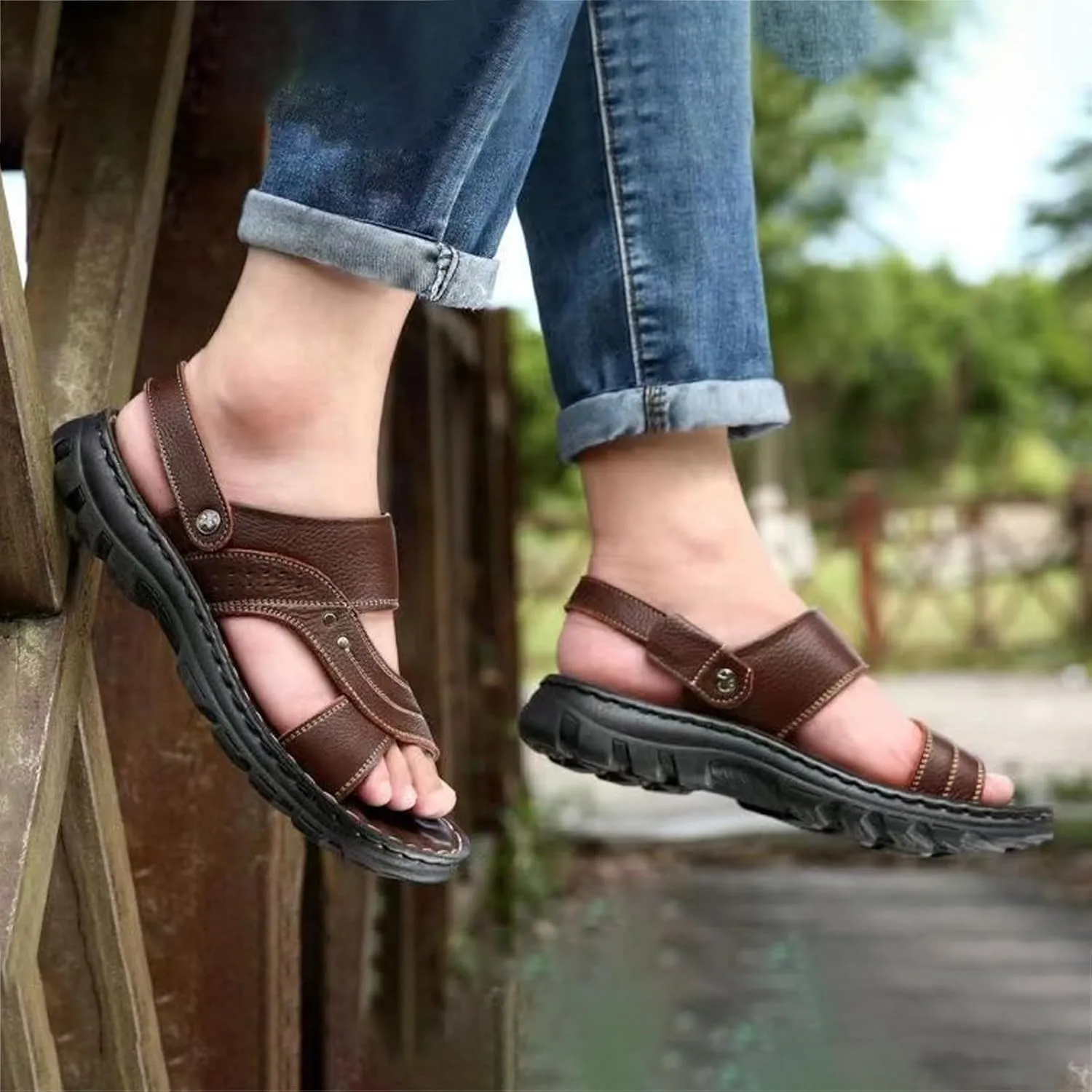 Men's Casual Leather Sandals Slippers Arch Support Beach Sandal Men's Breathable Open Toe Fisherman Sandals Orthopedic Leather Adjustable Sandal for Hiking Comfortable Walking Daily Work Wear