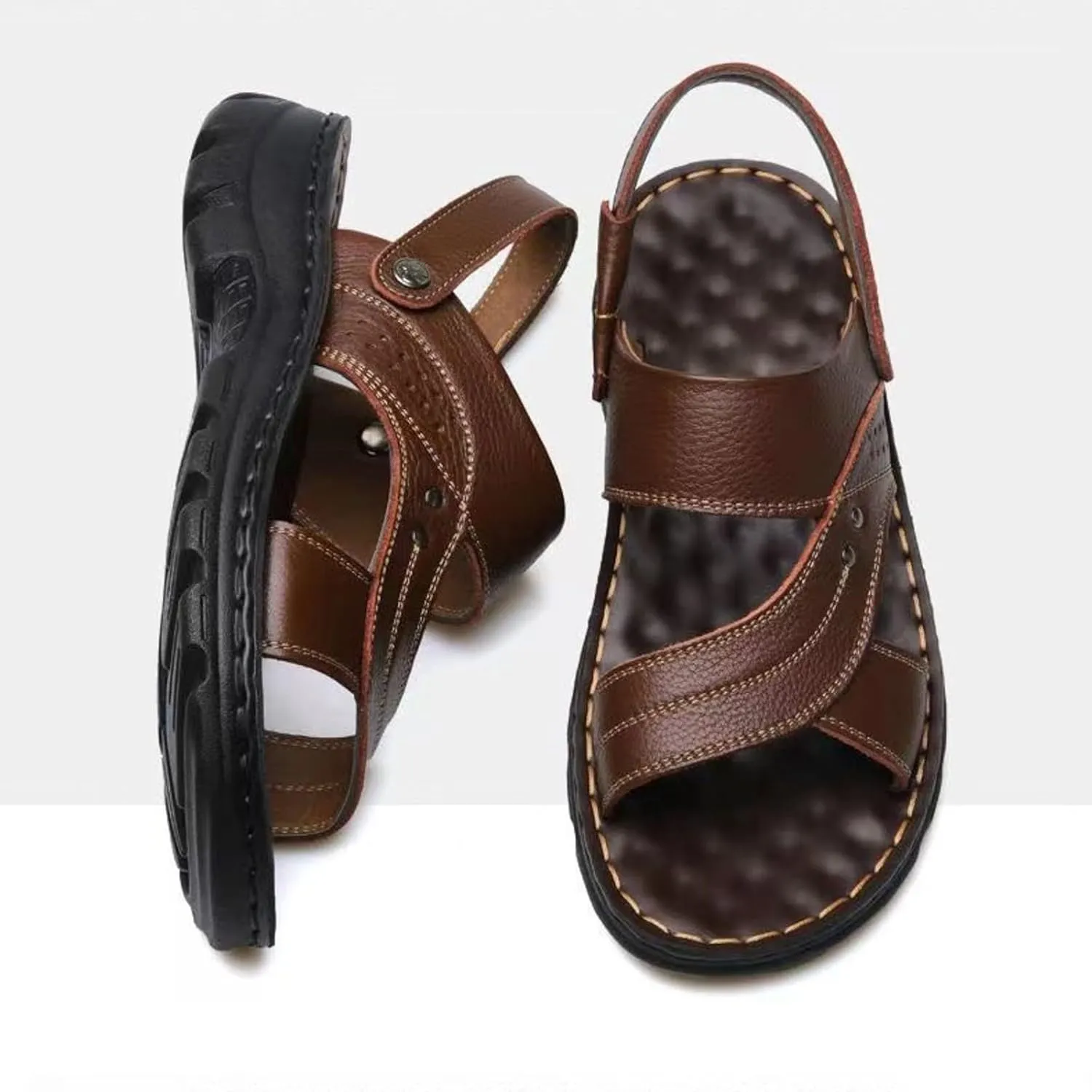 Men's Casual Leather Sandals Slippers Arch Support Beach Sandal Men's Breathable Open Toe Fisherman Sandals Orthopedic Leather Adjustable Sandal for Hiking Comfortable Walking Daily Work Wear
