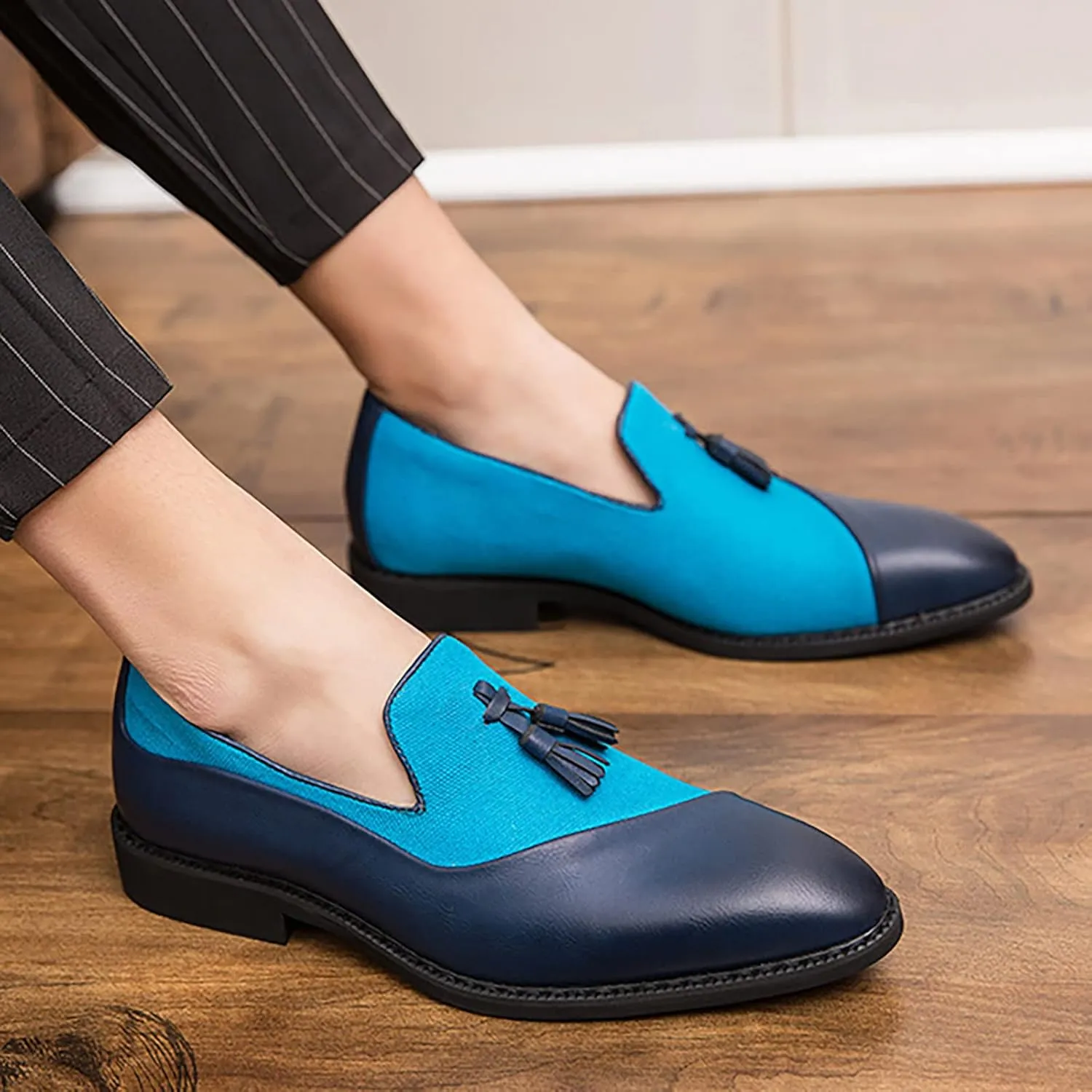 Mens Casual Weding Loafers Arch Support Loafers with Comfort Non Slip Thick Sole Blue Business Leather Shoes for Men Waterproof Dress Shoes Slip on Formal Footwear for Daily Work