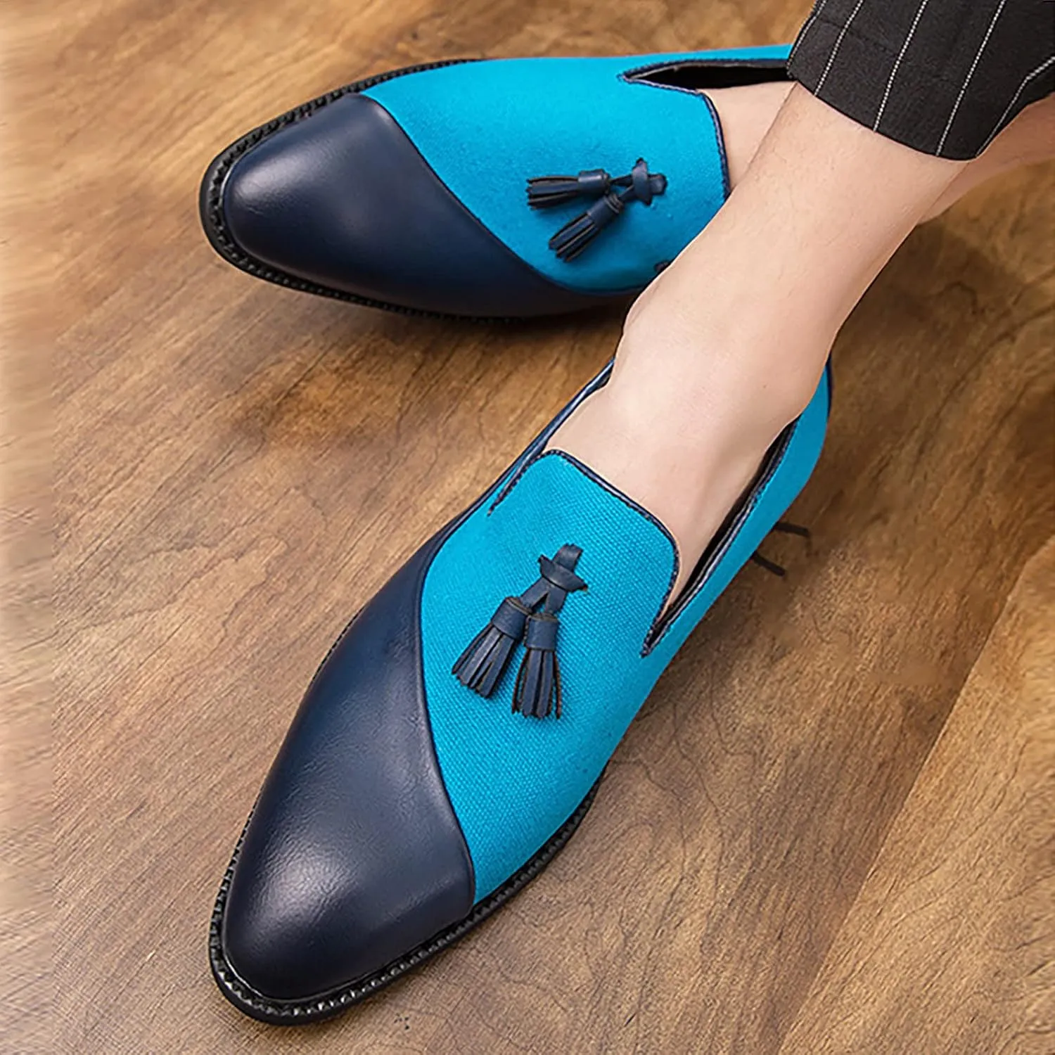 Mens Casual Weding Loafers Arch Support Loafers with Comfort Non Slip Thick Sole Blue Business Leather Shoes for Men Waterproof Dress Shoes Slip on Formal Footwear for Daily Work