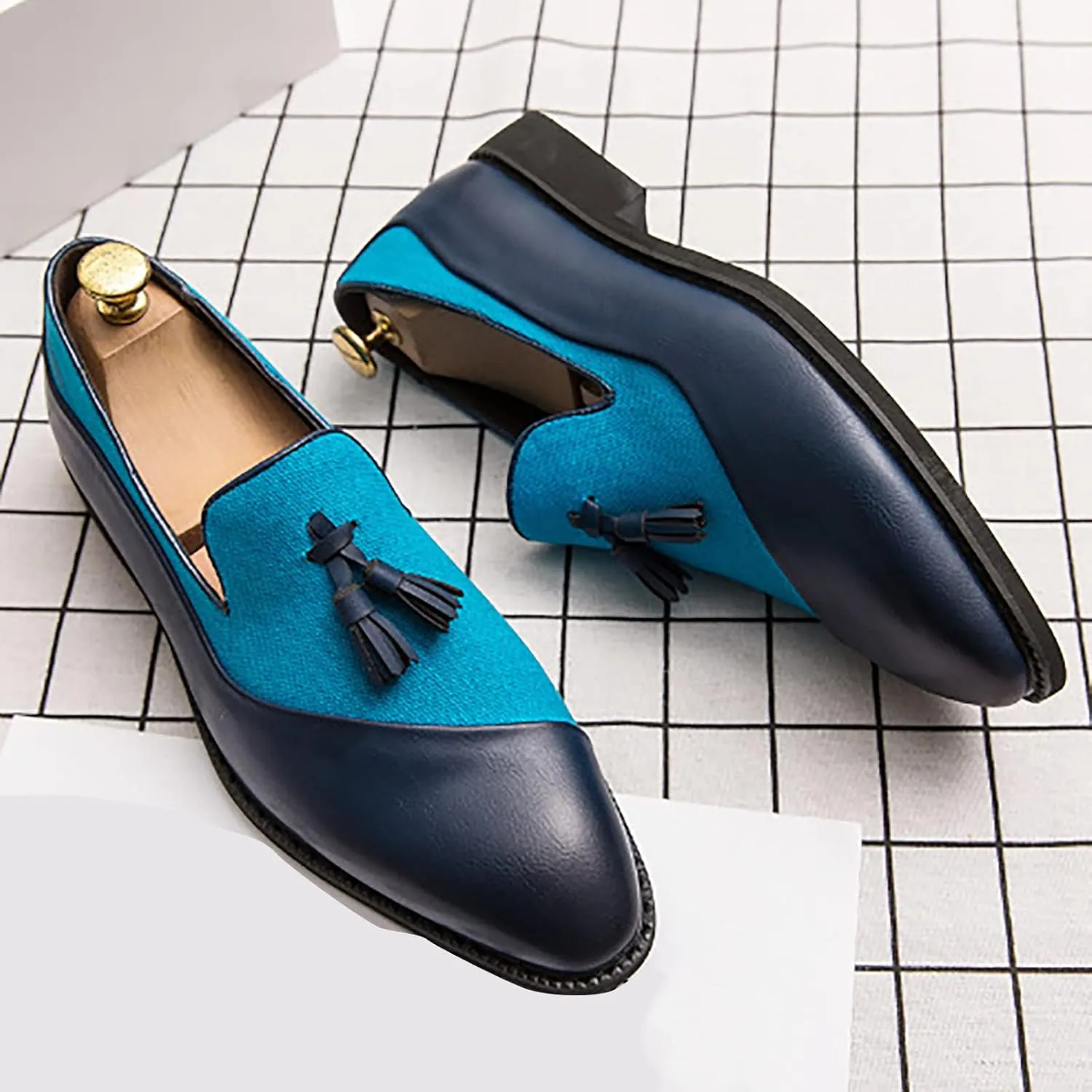 Mens Casual Weding Loafers Arch Support Loafers with Comfort Non Slip Thick Sole Blue Business Leather Shoes for Men Waterproof Dress Shoes Slip on Formal Footwear for Daily Work