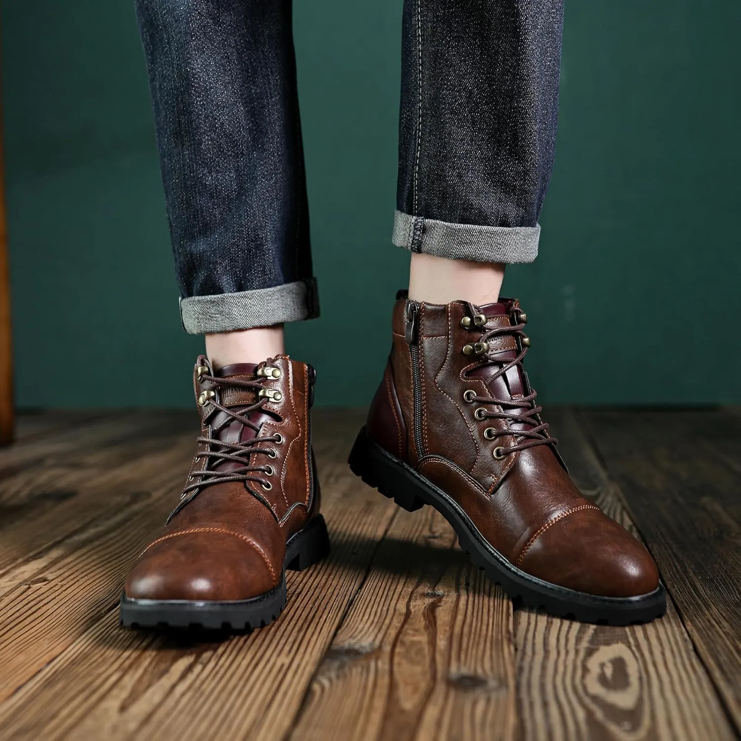 Mens Dress Boots Platform Motorcycle Boots with Side Zipper PU Leather Lace Up Combat Boots