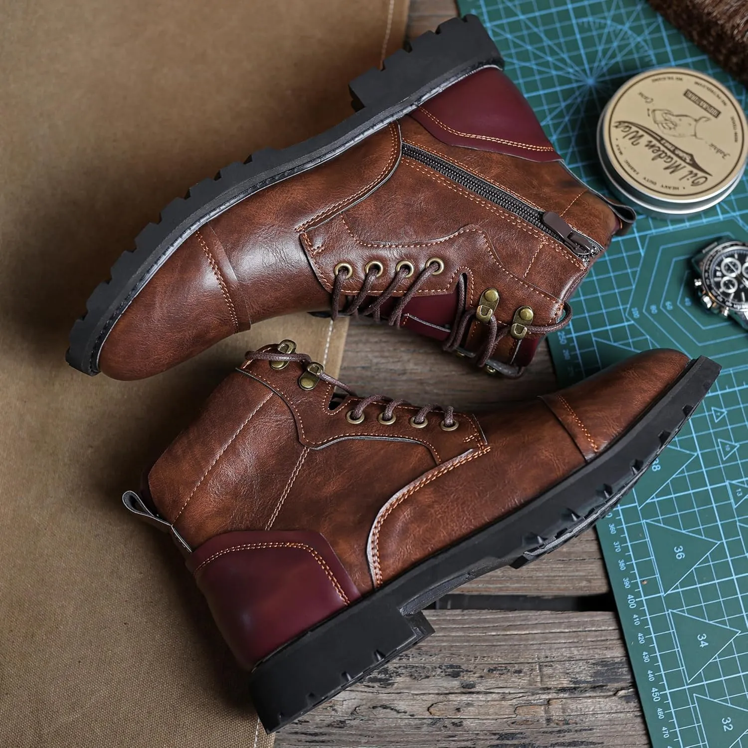 Mens Dress Boots Platform Motorcycle Boots with Side Zipper PU Leather Lace Up Combat Boots