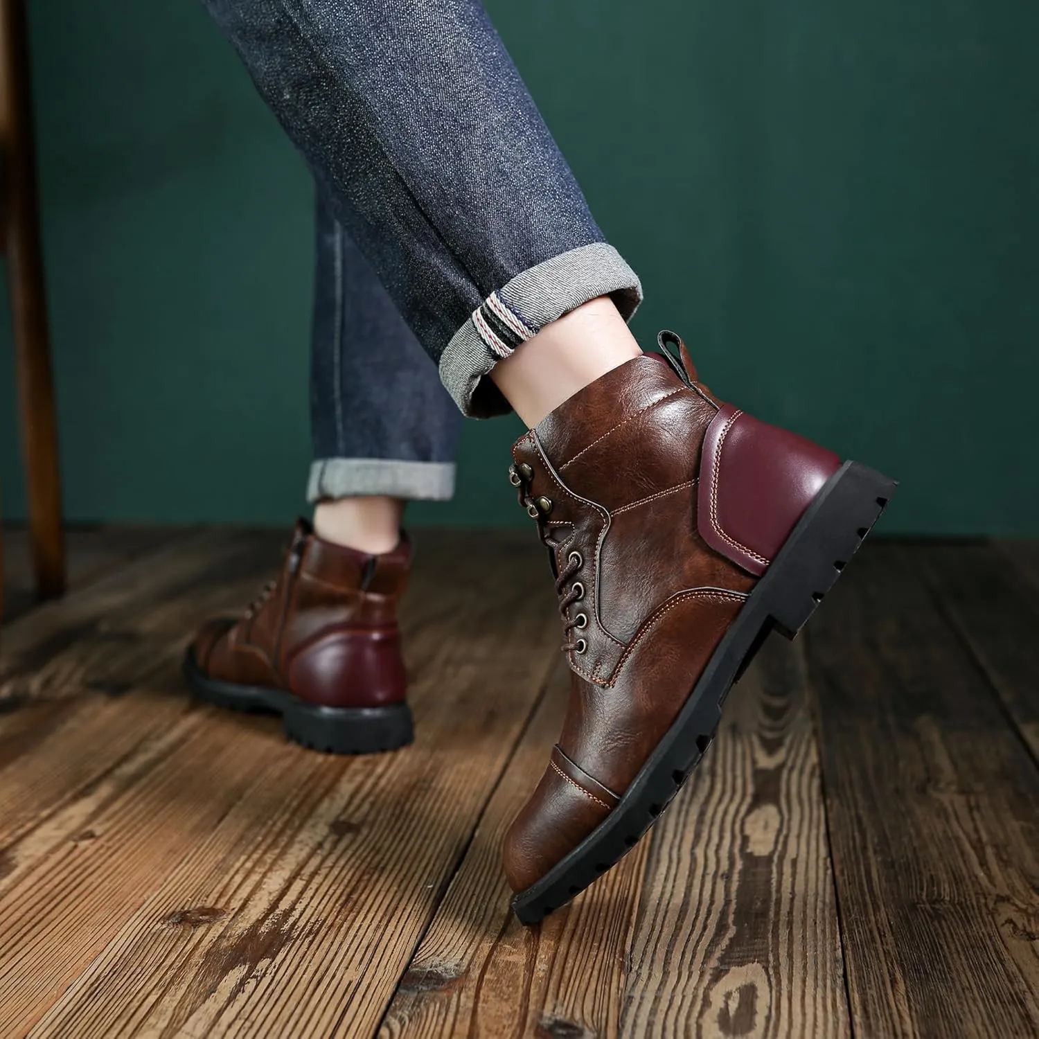 Mens Dress Boots Platform Motorcycle Boots with Side Zipper PU Leather Lace Up Combat Boots