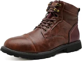 Mens Dress Boots Platform Motorcycle Boots with Side Zipper PU Leather Lace Up Combat Boots