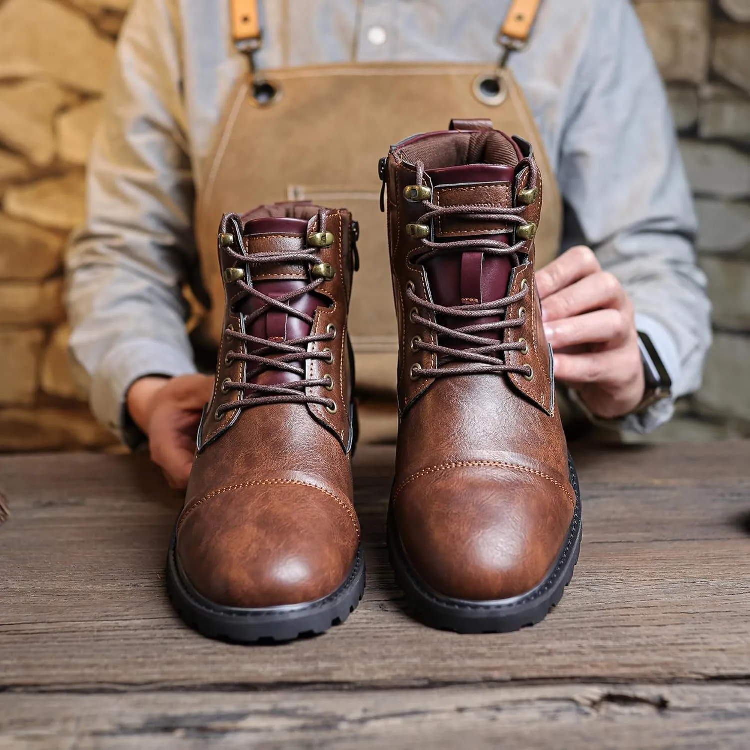 Mens Dress Boots Platform Motorcycle Boots with Side Zipper PU Leather Lace Up Combat Boots