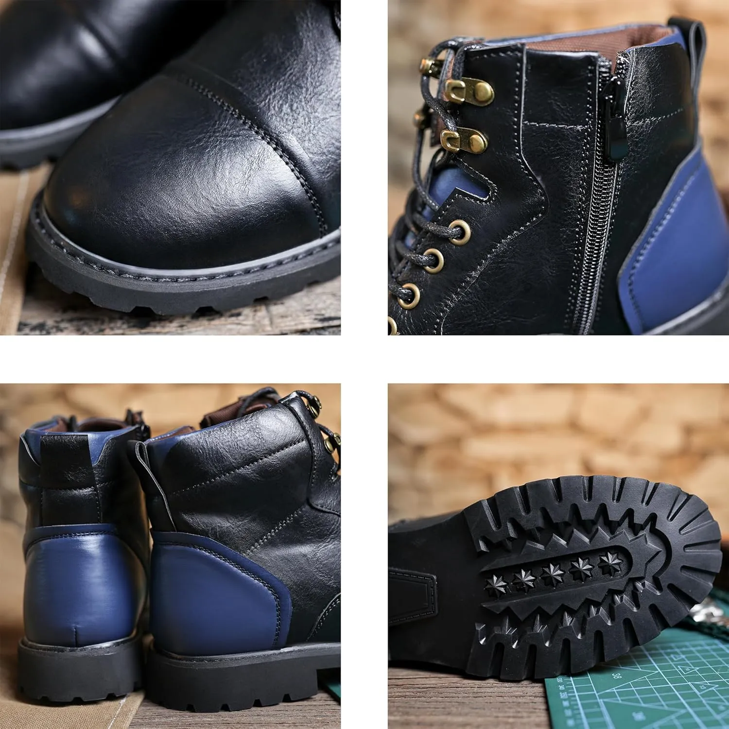Mens Dress Boots Platform Motorcycle Boots with Side Zipper PU Leather Lace Up Combat Boots