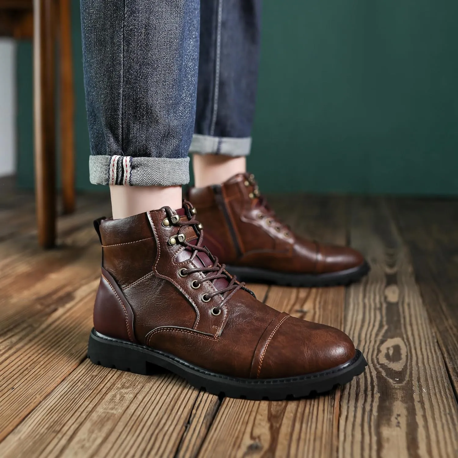 Mens Dress Boots Platform Motorcycle Boots with Side Zipper PU Leather Lace Up Combat Boots