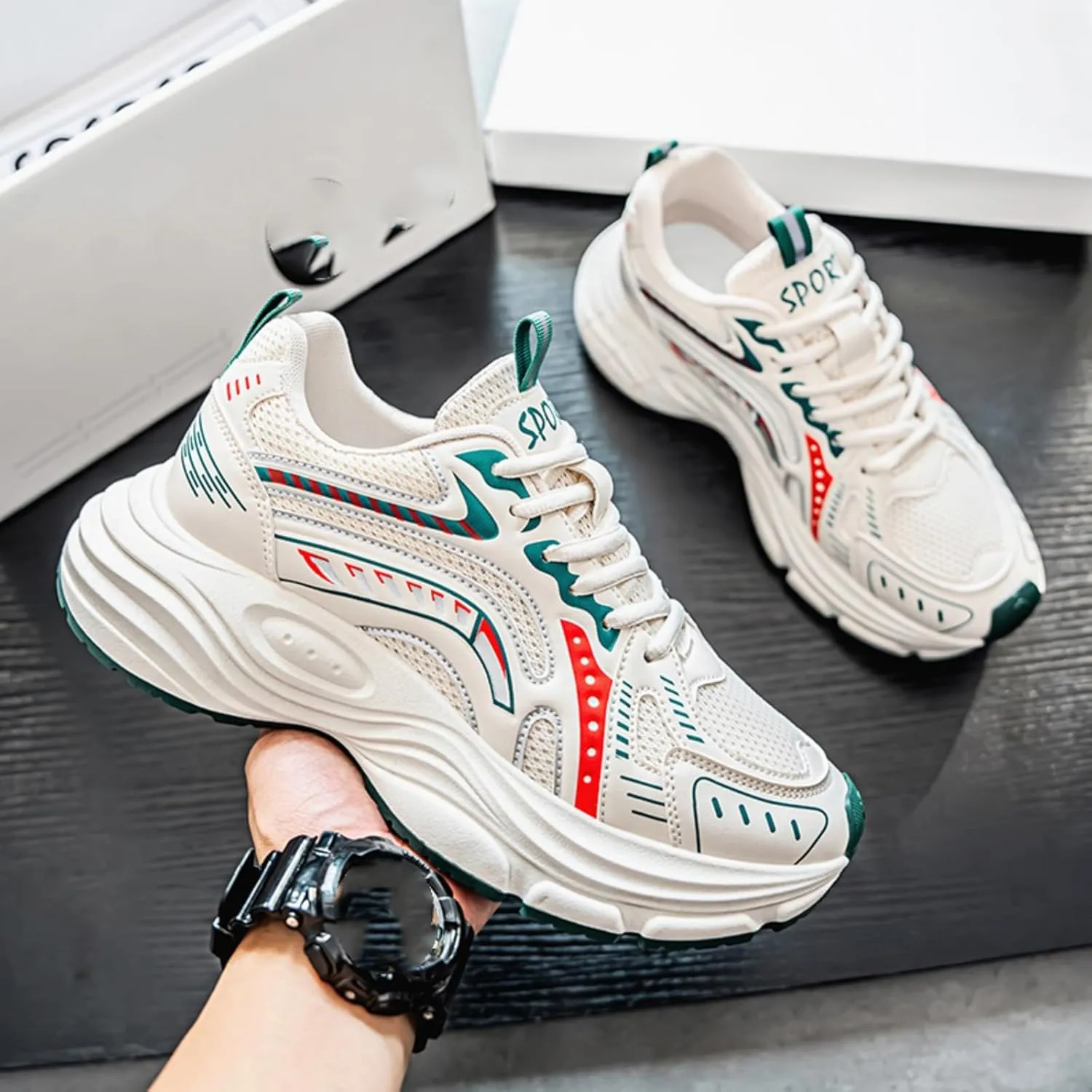 Mens Fashion Breathable Mesh Chunky Lace-Up Sneakers Trendy Platform Walking Workout Dad Running Tennis Shoes