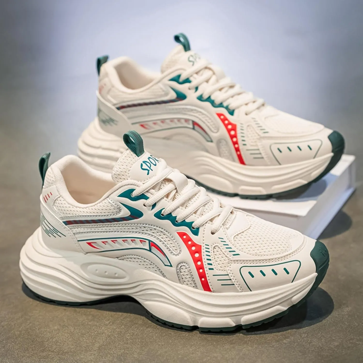 Mens Fashion Breathable Mesh Chunky Lace-Up Sneakers Trendy Platform Walking Workout Dad Running Tennis Shoes