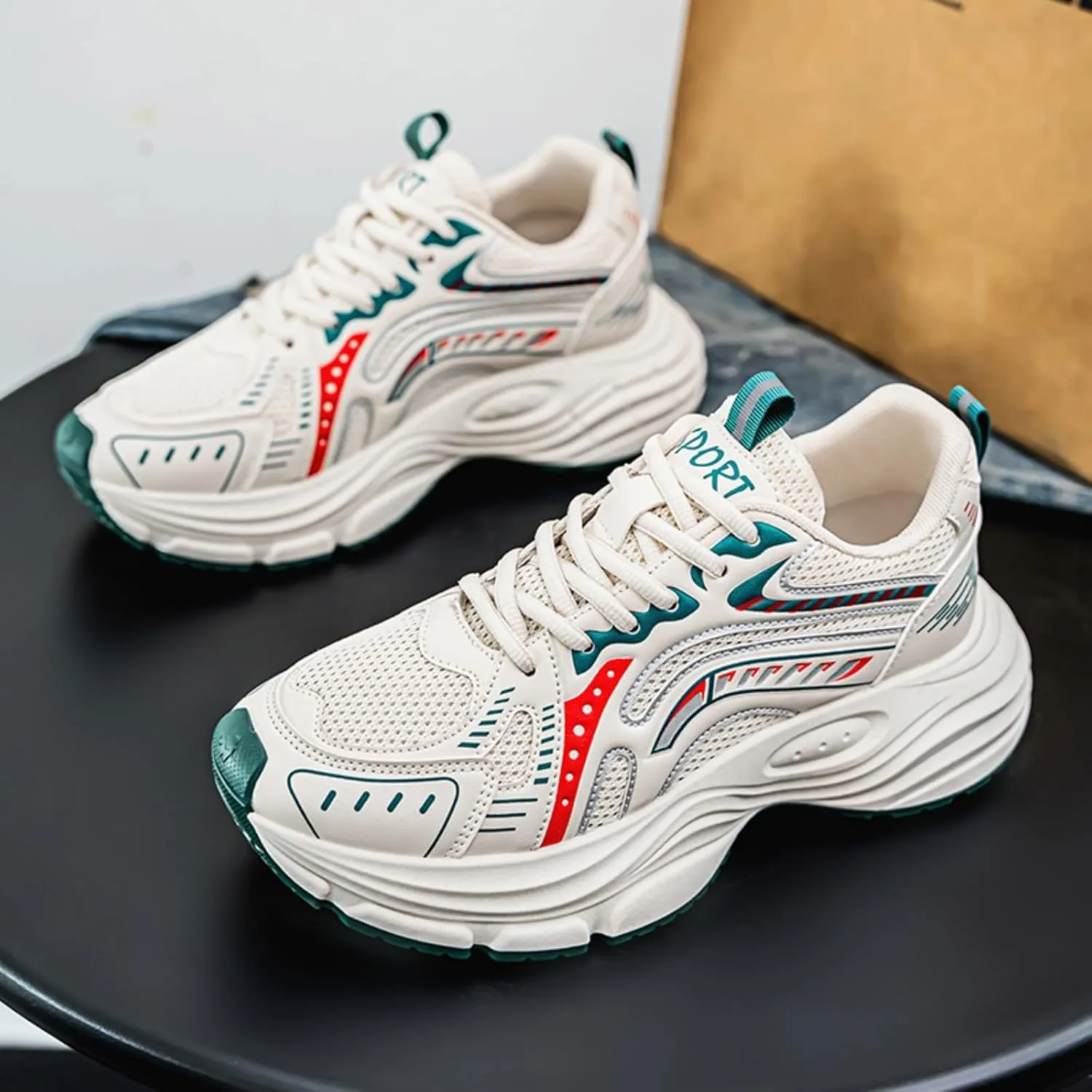 Mens Fashion Breathable Mesh Chunky Lace-Up Sneakers Trendy Platform Walking Workout Dad Running Tennis Shoes