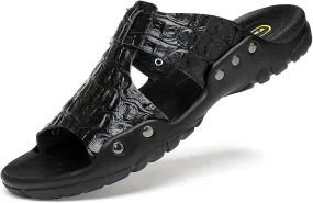 Men'S Genuine Leather Alligator Printed Flat Sandals Fashion Round Open Toe Slip-On Soft Sole Male Slide Sandals Summer Leisure Non-Slip Beach Sandals
