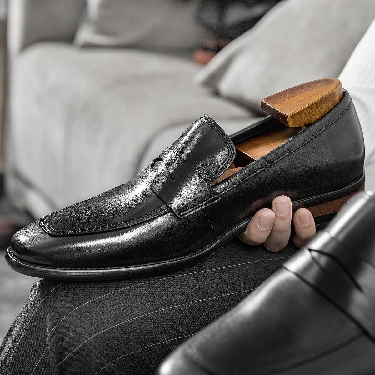 Men's Genuine Leather Loafers, Square Toe Oxford Loafers, Comfortable Flat Heel, Slip-Resistant Outdoor Shoes, Classic Slip-Ons