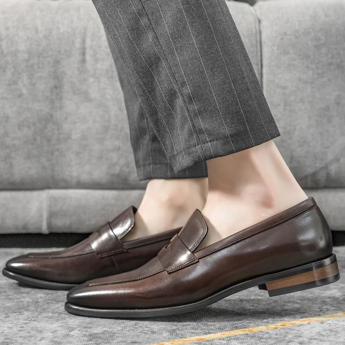 Men's Genuine Leather Loafers, Square Toe Oxford Loafers, Comfortable Flat Heel, Slip-Resistant Outdoor Shoes, Classic Slip-Ons