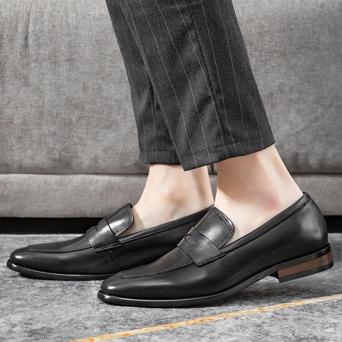 Men's Genuine Leather Loafers, Square Toe Oxford Loafers, Comfortable Flat Heel, Slip-Resistant Outdoor Shoes, Classic Slip-Ons