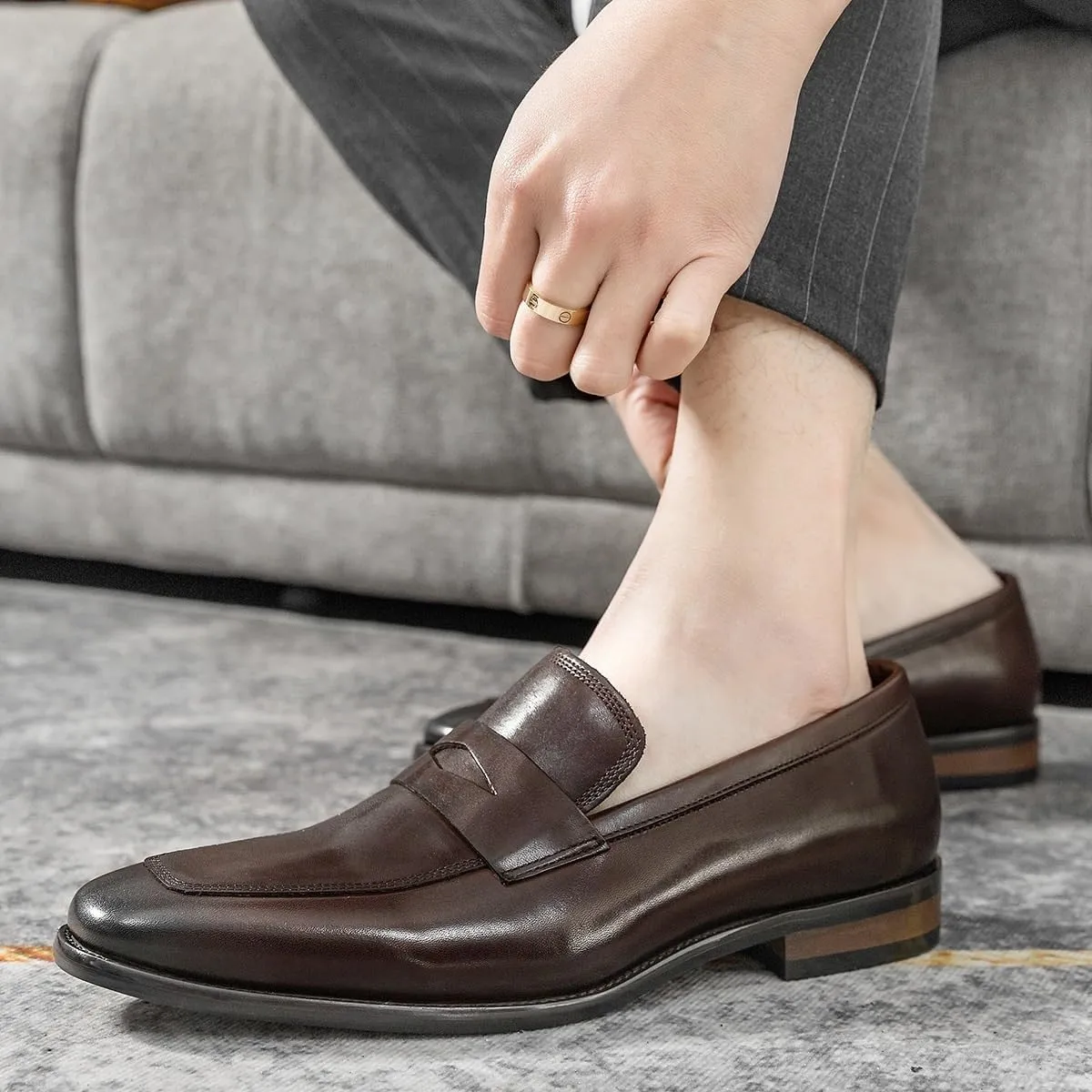 Men's Genuine Leather Loafers, Square Toe Oxford Loafers, Comfortable Flat Heel, Slip-Resistant Outdoor Shoes, Classic Slip-Ons