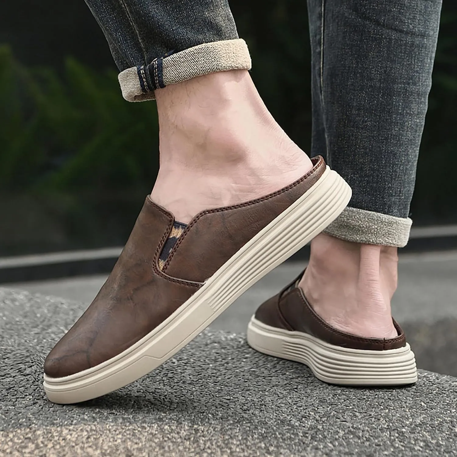 Men's Genuine Leather Slip-On Mules Clog Slippers Comfortable Elastic Closure Round Toe Backless Male Loafer Slippers for Office Work Drive Dressy Mules