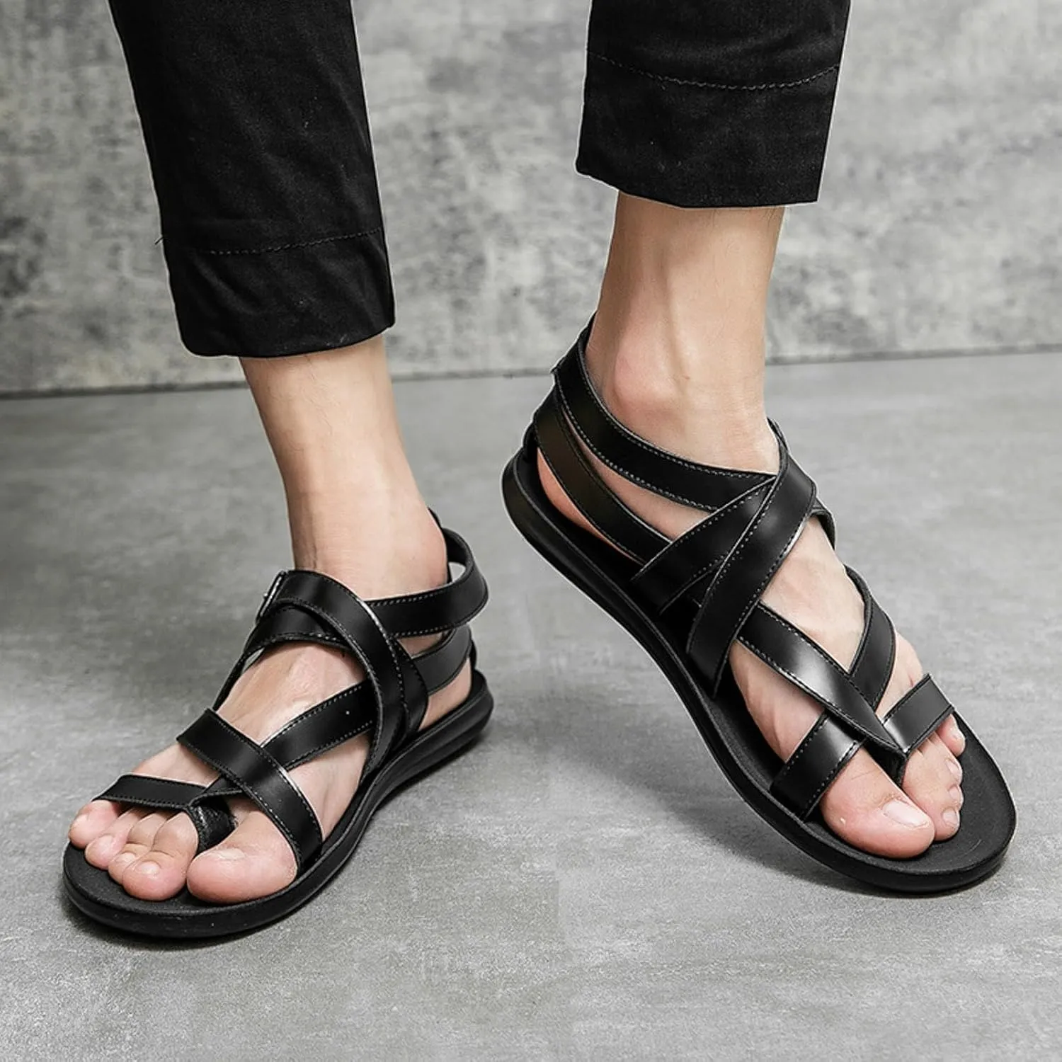 Men's Gladiator Sandals Summer Outdoor Non Slip Beach Leather Sandals Shoes for Wading Walking Hiking Daily Work Wear Comfy Adjustable Strap Flat Slip On Sandal Casual Fisherman Shoes Black