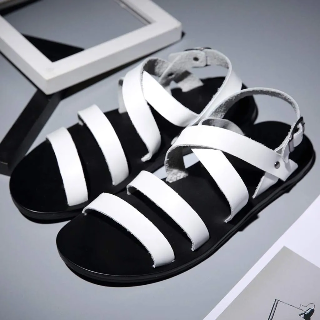 Men's Gladiator Sandals Summer Outdoor Non Slip Beach Leather Sandals Shoes for Wading Walking Hiking Daily Work Wear Comfy Adjustable Strap Flat Slip On Sandal Casual Fisherman Shoes Black
