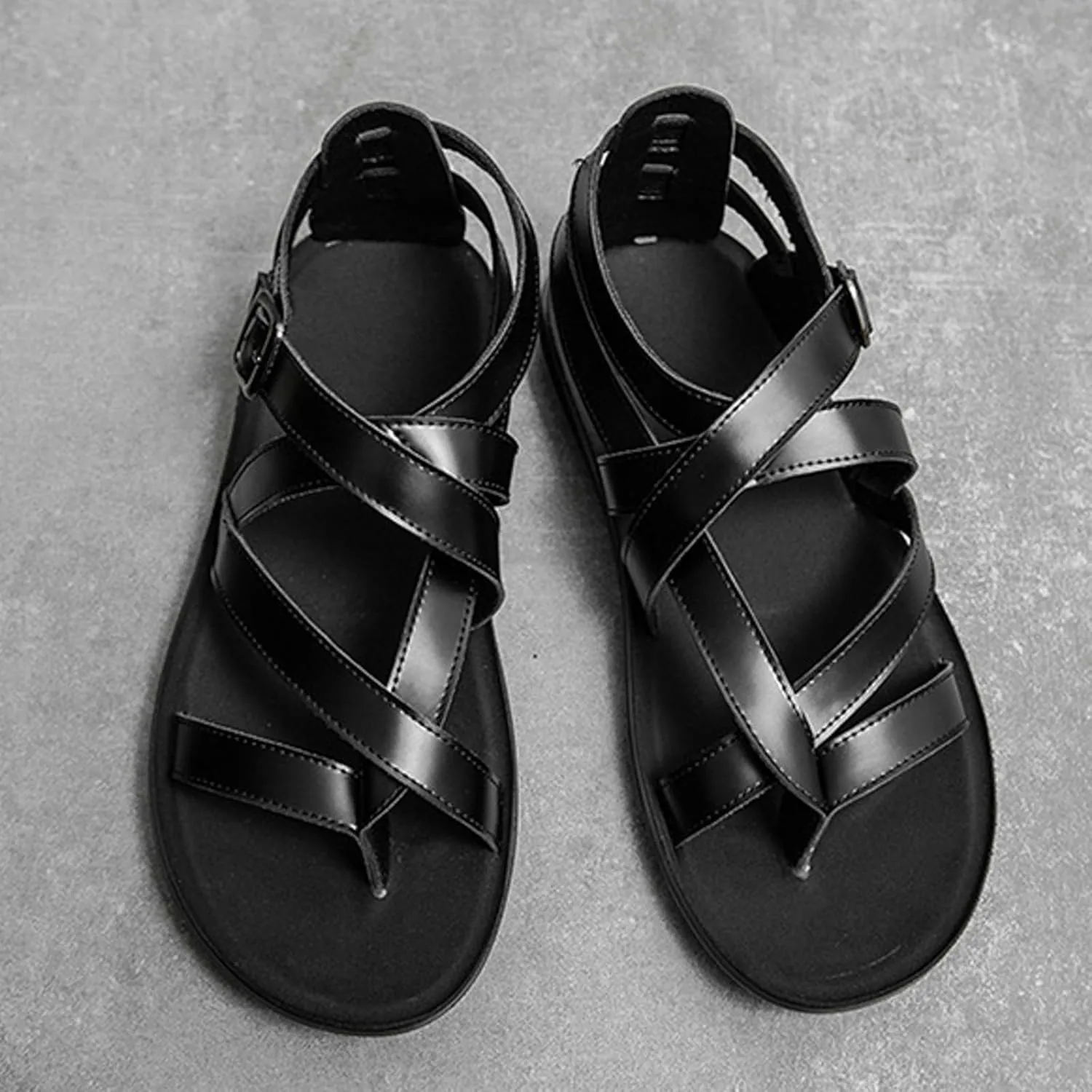 Men's Gladiator Sandals Summer Outdoor Non Slip Beach Leather Sandals Shoes for Wading Walking Hiking Daily Work Wear Comfy Adjustable Strap Flat Slip On Sandal Casual Fisherman Shoes Black