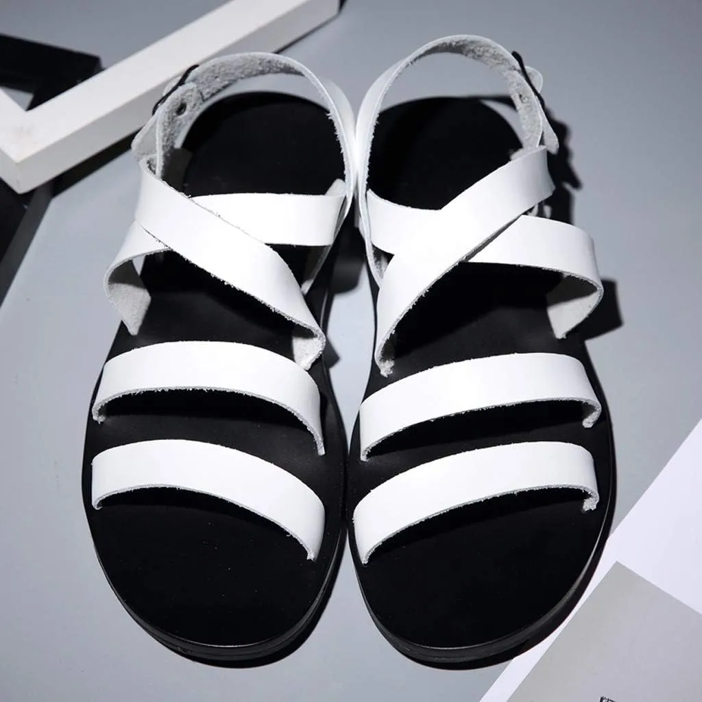 Men's Gladiator Sandals Summer Outdoor Non Slip Beach Leather Sandals Shoes for Wading Walking Hiking Daily Work Wear Comfy Adjustable Strap Flat Slip On Sandal Casual Fisherman Shoes Black
