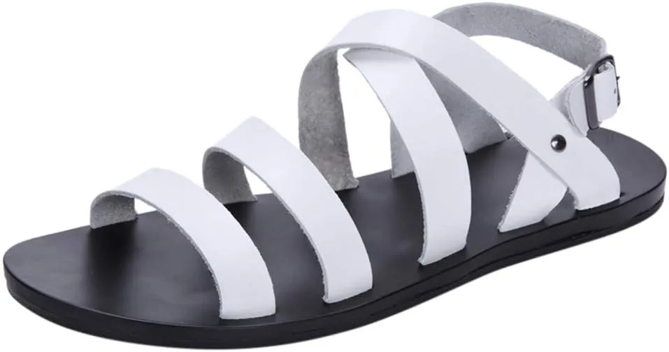 Men's Gladiator Sandals Summer Outdoor Non Slip Beach Leather Sandals Shoes for Wading Walking Hiking Daily Work Wear Comfy Adjustable Strap Flat Slip On Sandal Casual Fisherman Shoes Black
