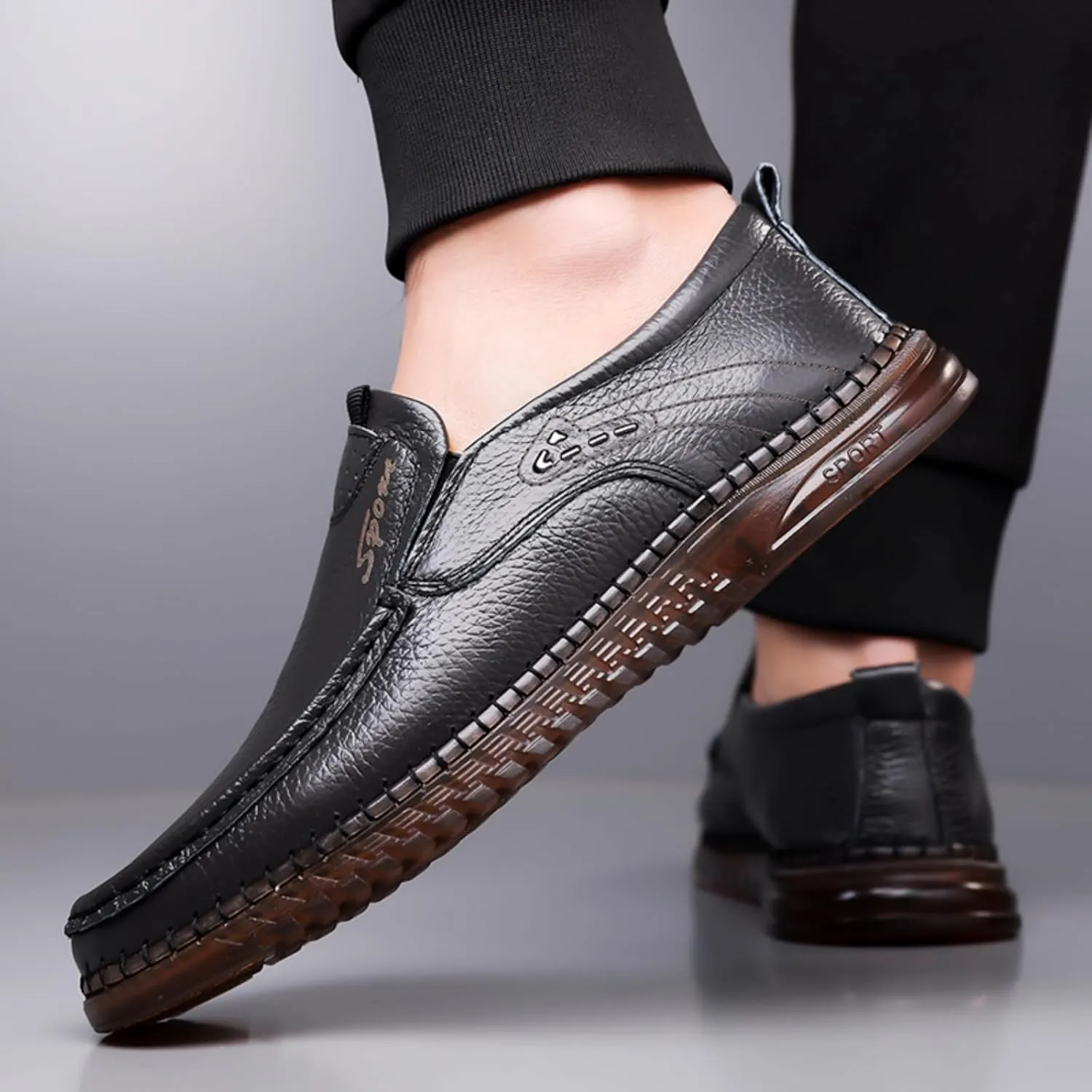 Mens Handmade Leather Slip On Loafers Casual Lightweight Soft Non Slip Walking Shoes for Driving Daily Work Office