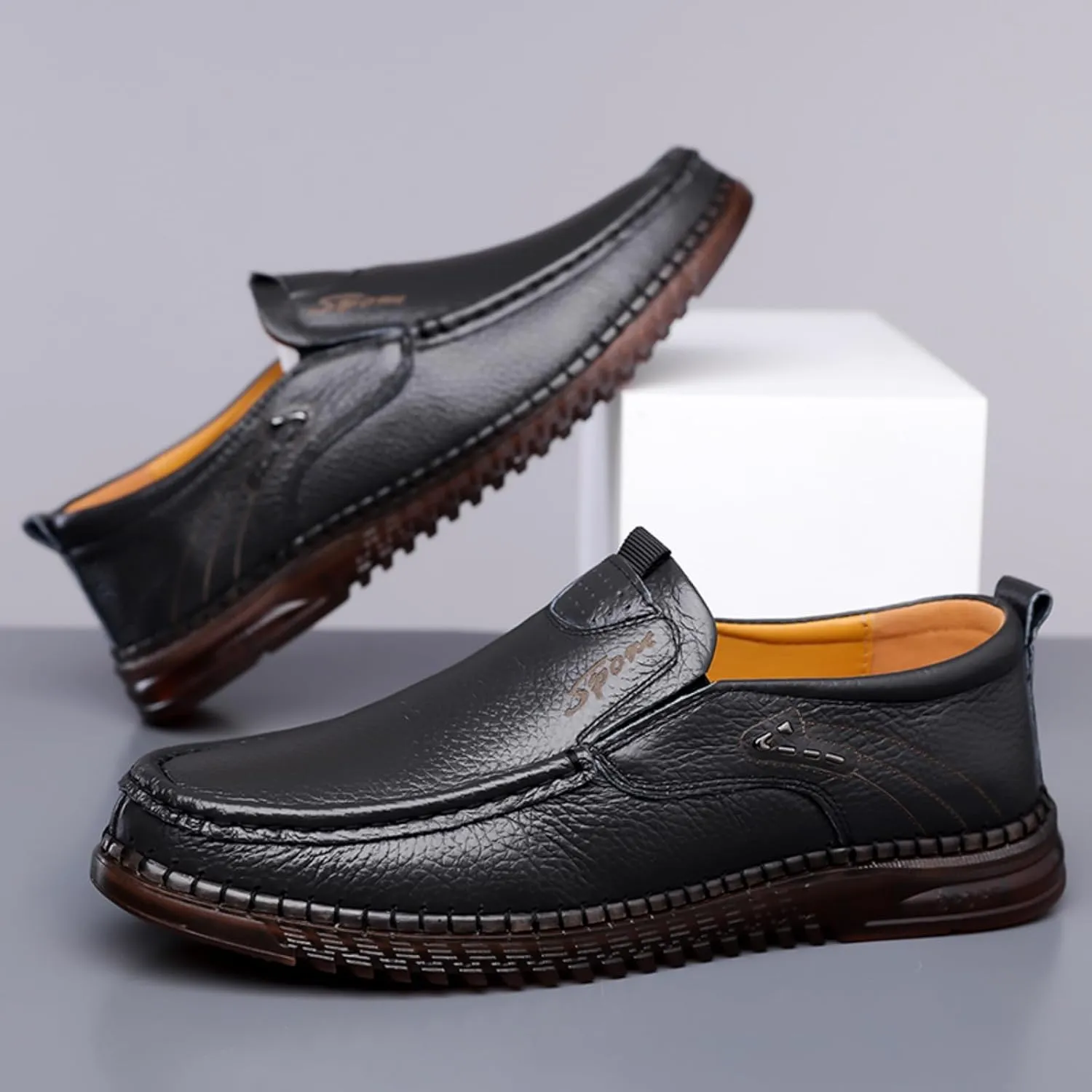 Mens Handmade Leather Slip On Loafers Casual Lightweight Soft Non Slip Walking Shoes for Driving Daily Work Office