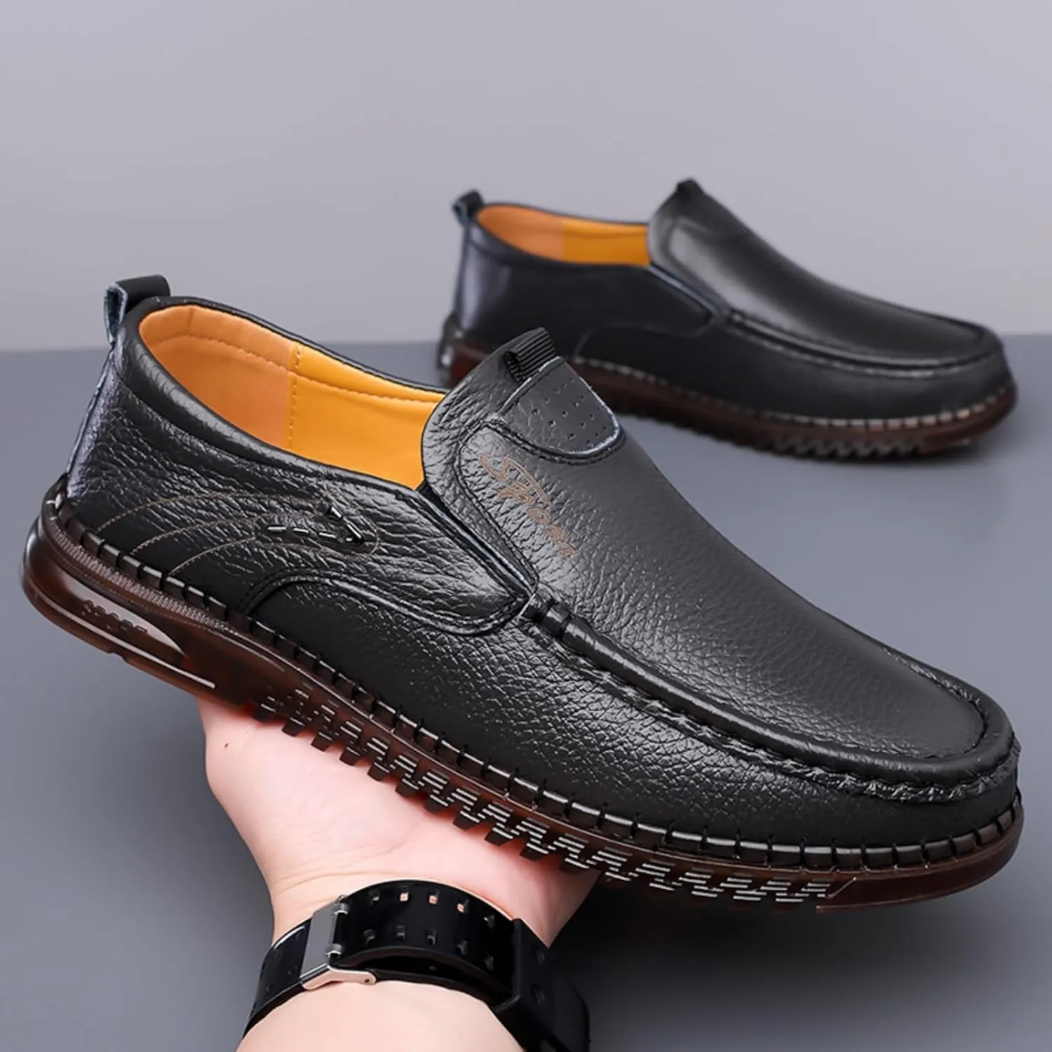 Mens Handmade Leather Slip On Loafers Casual Lightweight Soft Non Slip Walking Shoes for Driving Daily Work Office