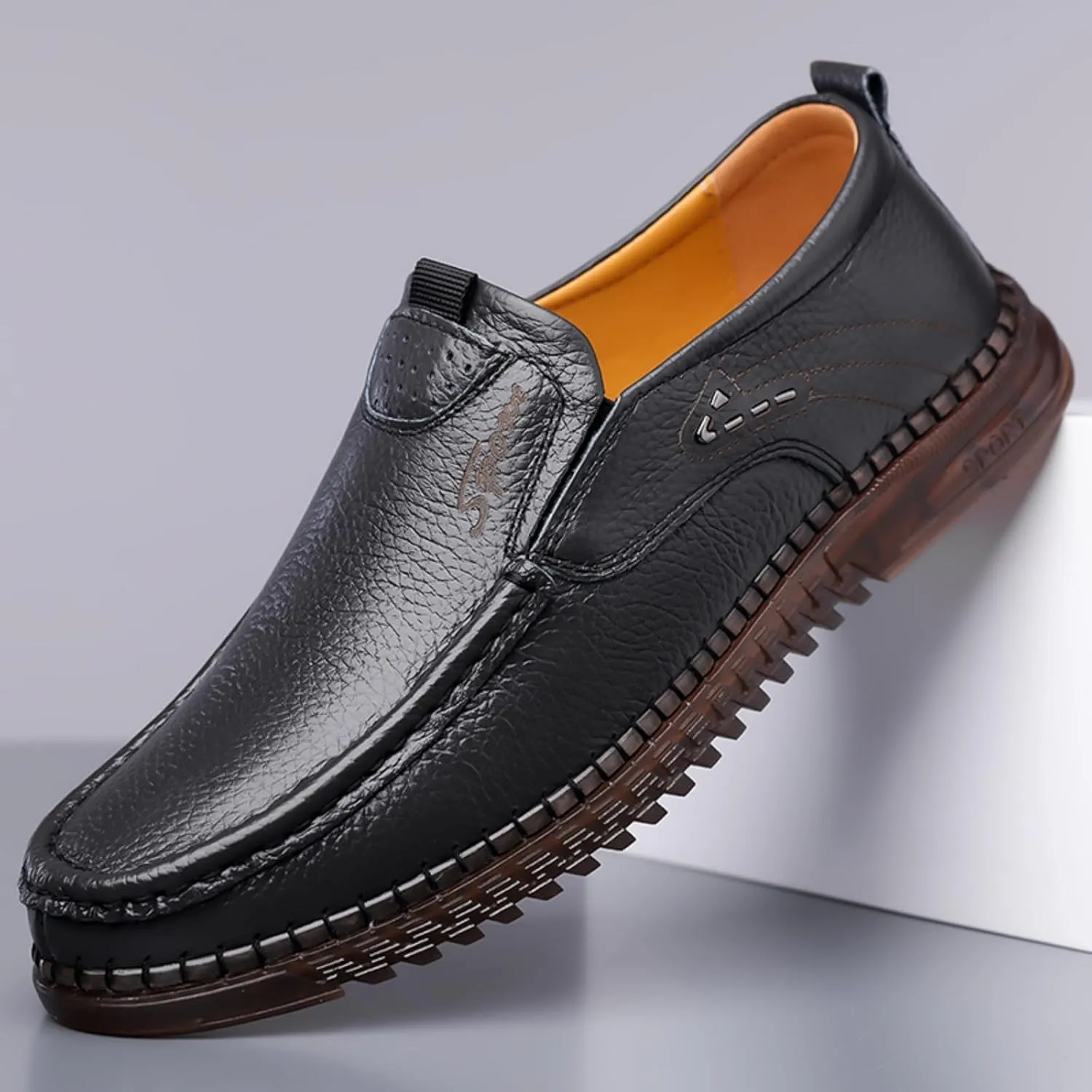 Mens Handmade Leather Slip On Loafers Casual Lightweight Soft Non Slip Walking Shoes for Driving Daily Work Office