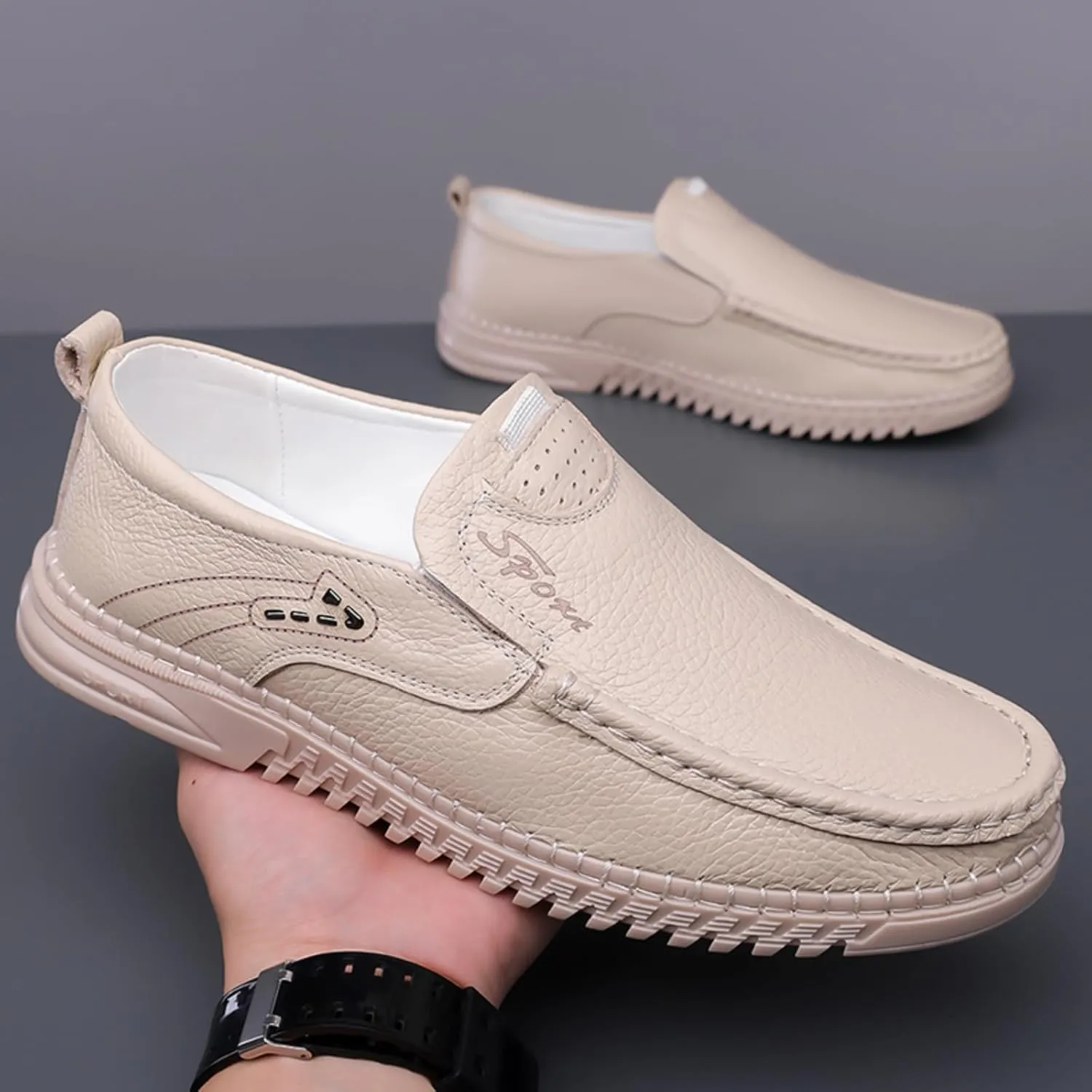 Mens Handmade Leather Slip On Loafers Casual Lightweight Soft Non Slip Walking Shoes for Driving Daily Work Office