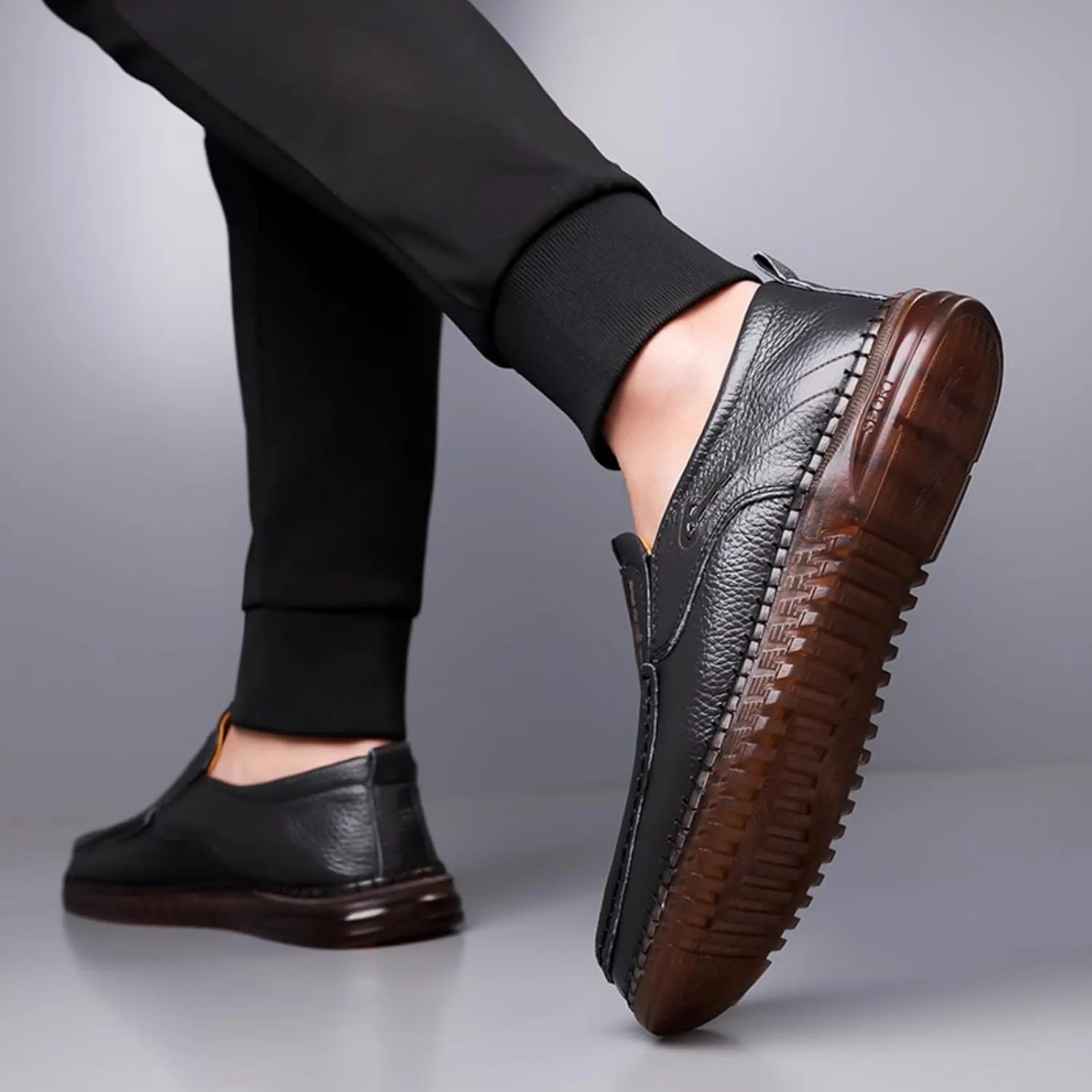 Mens Handmade Leather Slip On Loafers Casual Lightweight Soft Non Slip Walking Shoes for Driving Daily Work Office