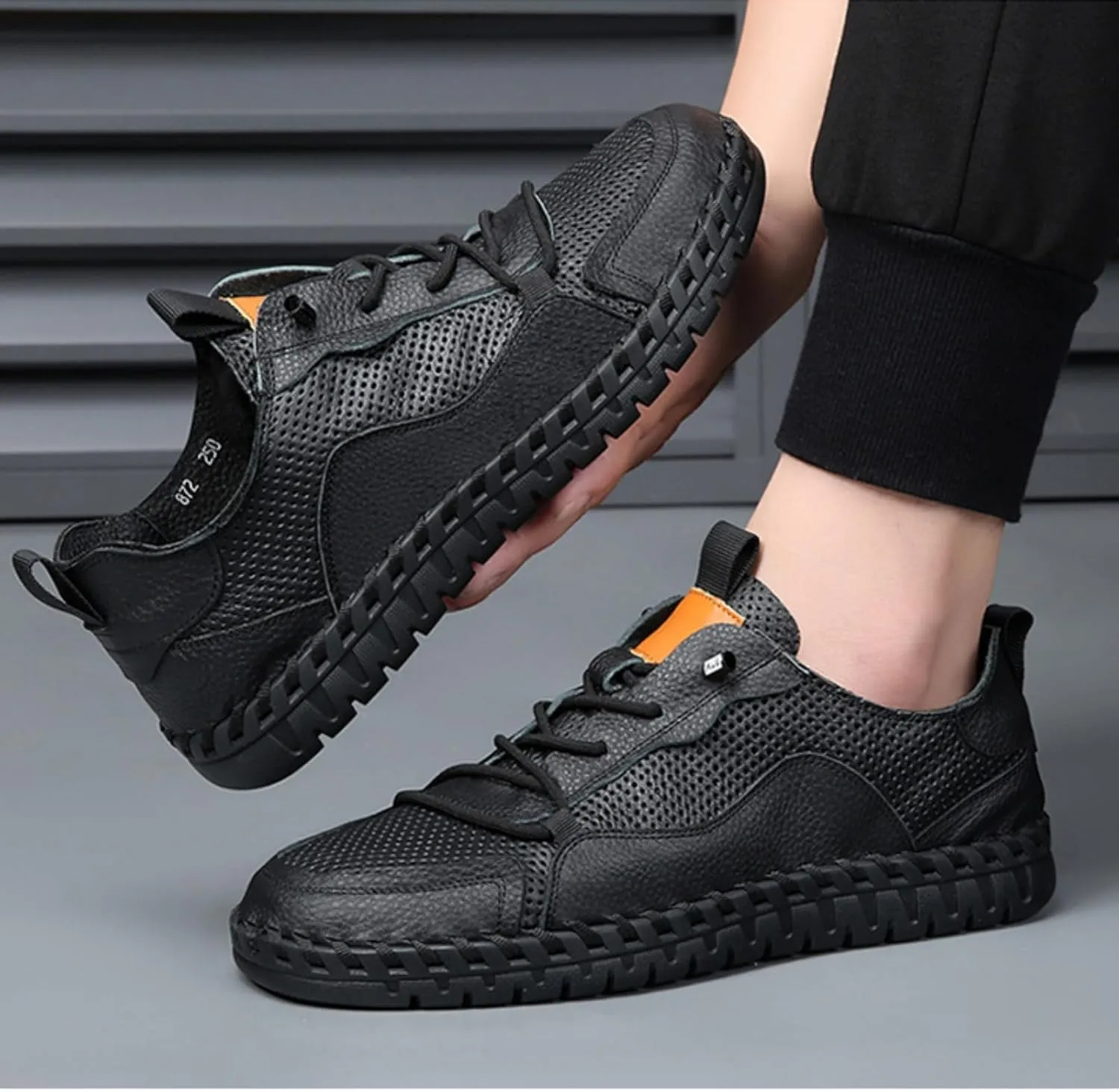 Mens Handmade Leather Slip On Loafers with Elastic Band Retro Casual Round Toe Soft Walking Sneakers