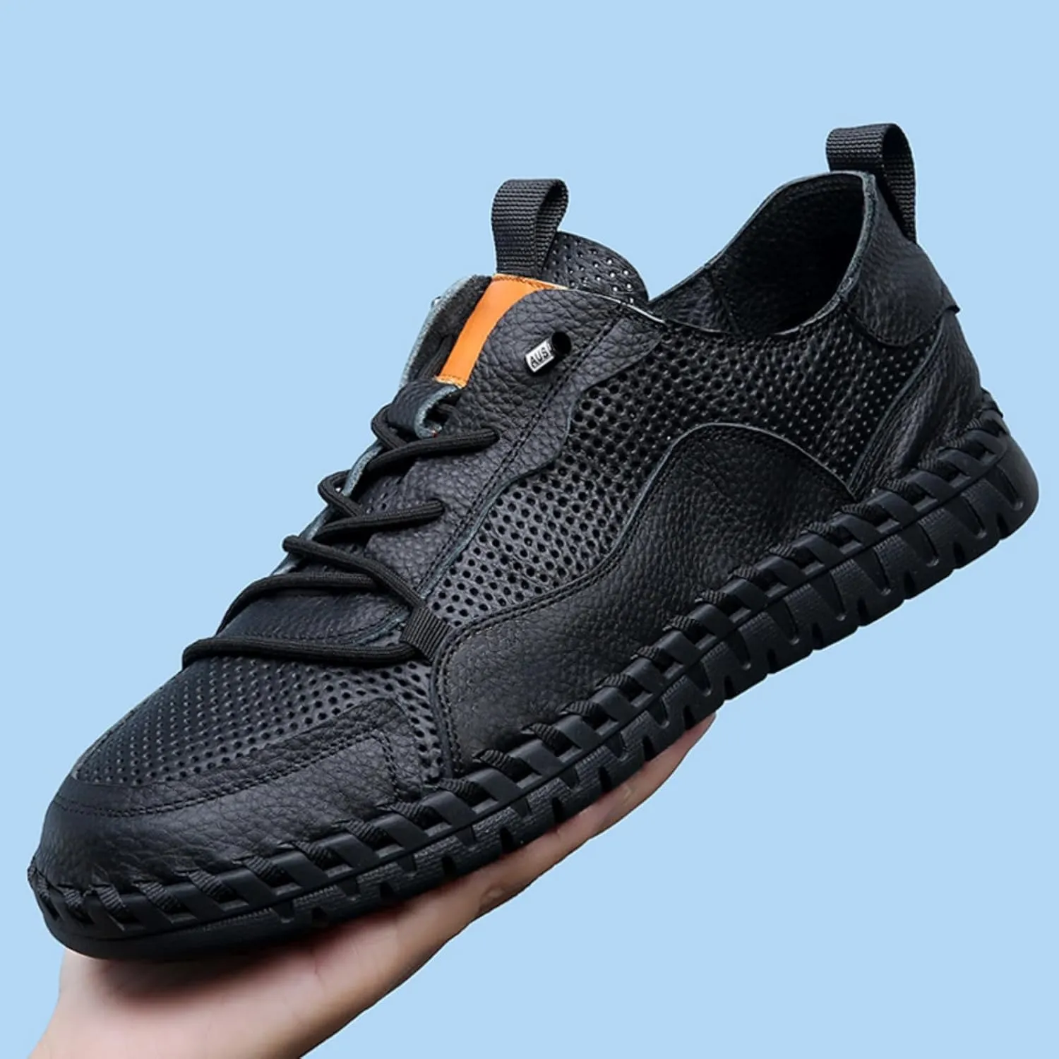 Mens Handmade Leather Slip On Loafers with Elastic Band Retro Casual Round Toe Soft Walking Sneakers