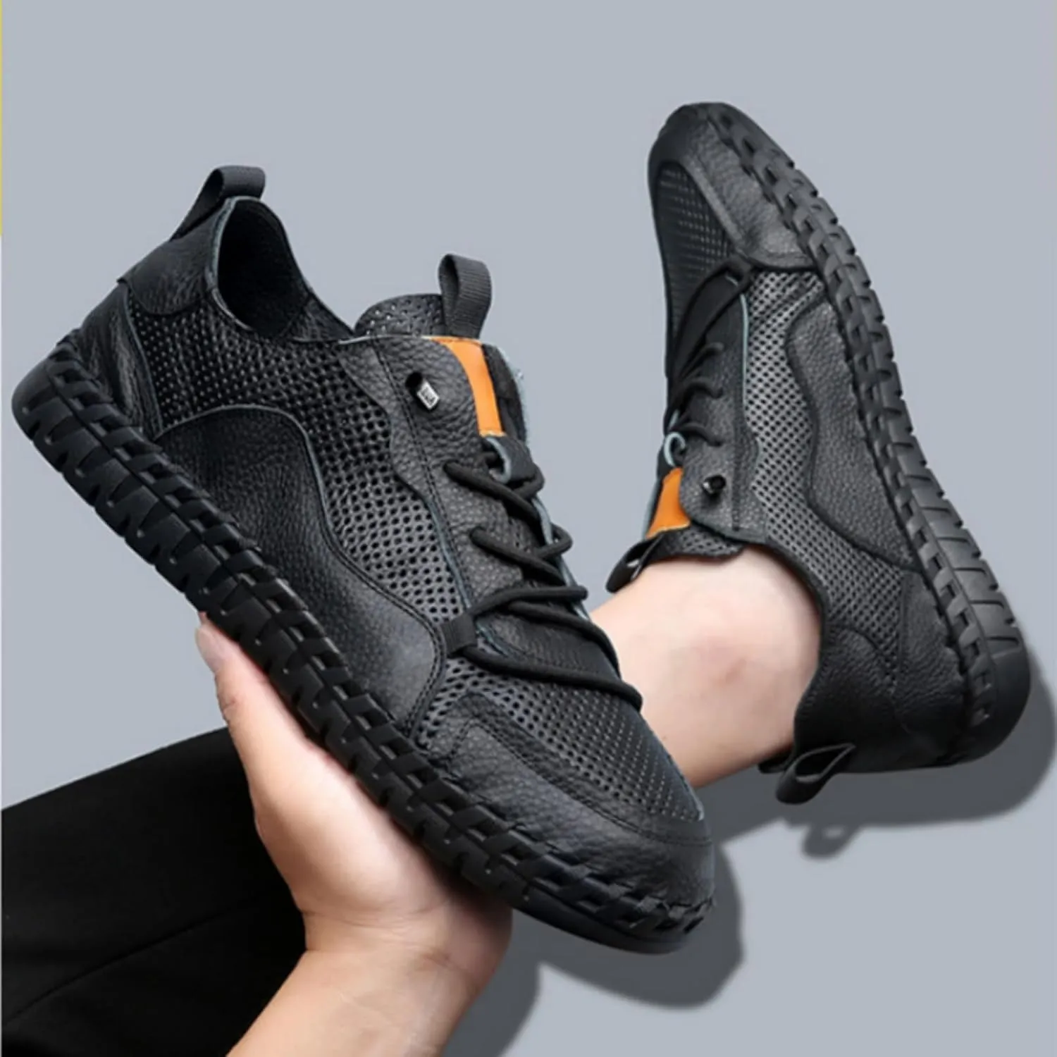 Mens Handmade Leather Slip On Loafers with Elastic Band Retro Casual Round Toe Soft Walking Sneakers