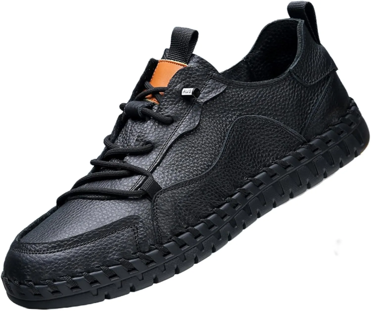 Mens Handmade Leather Slip On Loafers with Elastic Band Retro Casual Round Toe Soft Walking Sneakers