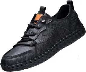 Mens Handmade Leather Slip On Loafers with Elastic Band Retro Casual Round Toe Soft Walking Sneakers