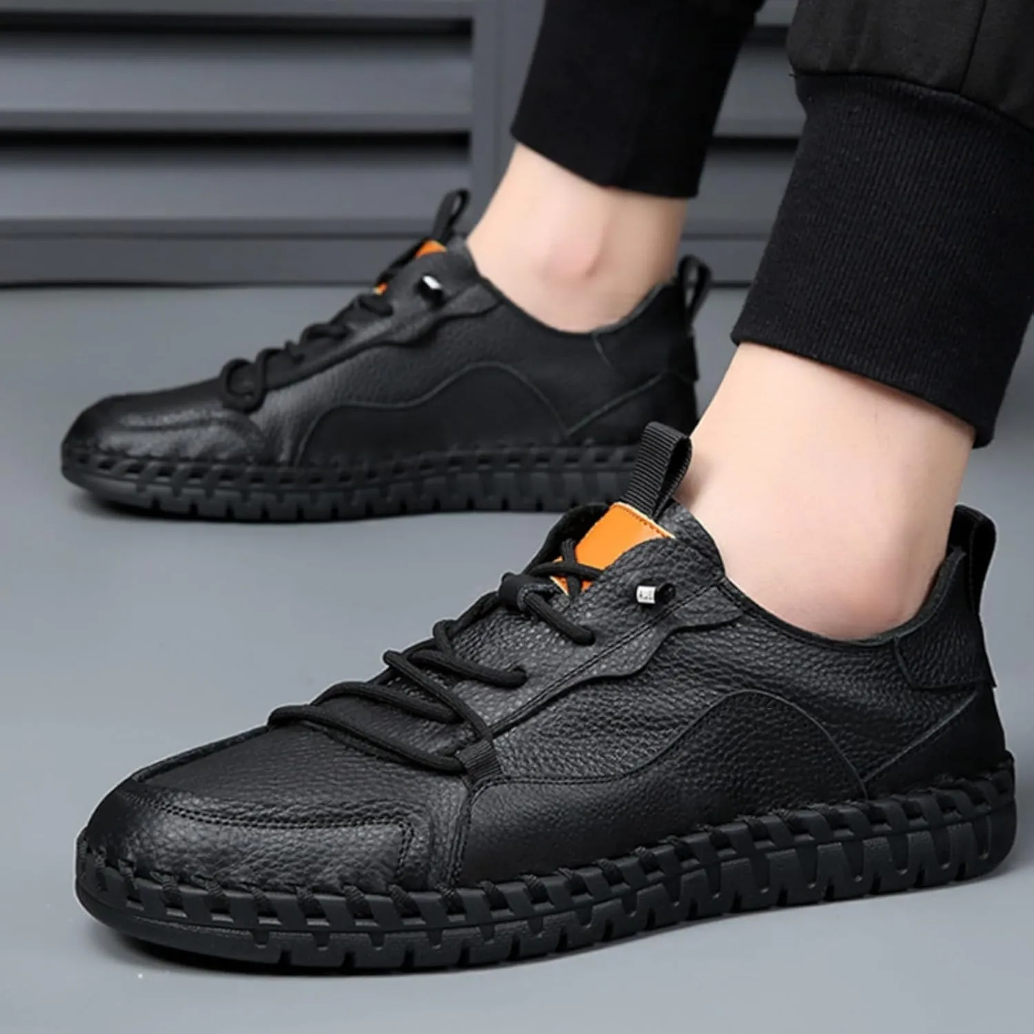 Mens Handmade Leather Slip On Loafers with Elastic Band Retro Casual Round Toe Soft Walking Sneakers