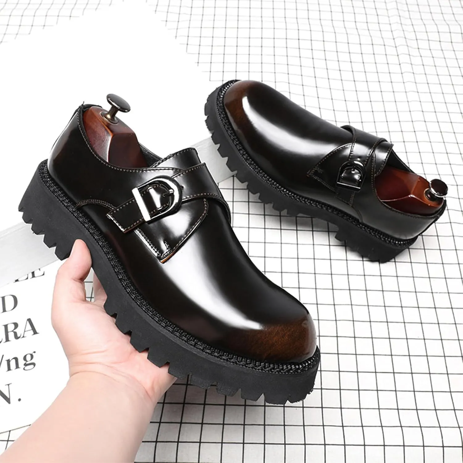 Men's Leather Platform Slip-On Loafers Fashion Monk Buckle Round Toe Lug Sole Penny Shoes Casual Business Work Flatform Dress Shoes