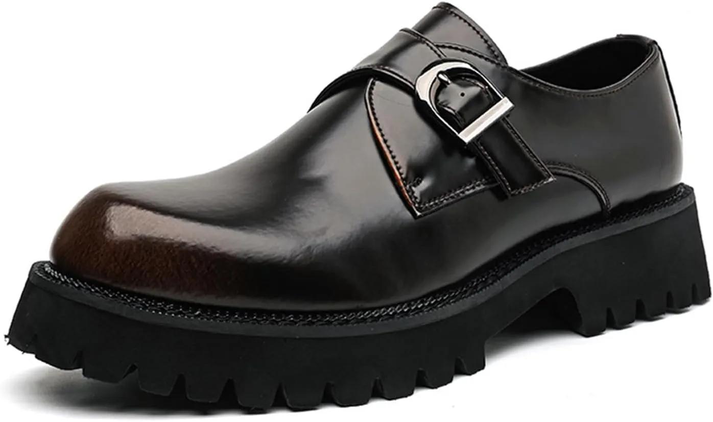 Men's Leather Platform Slip-On Loafers Fashion Monk Buckle Round Toe Lug Sole Penny Shoes Casual Business Work Flatform Dress Shoes