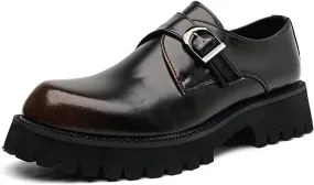 Men's Leather Platform Slip-On Loafers Fashion Monk Buckle Round Toe Lug Sole Penny Shoes Casual Business Work Flatform Dress Shoes