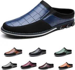 Men's Leather Printed Soft Sole Formal Mules Casual Comfortable Round Toe Flat Non-Slip Backless Lightweight Driving Loafers Business Work Mules