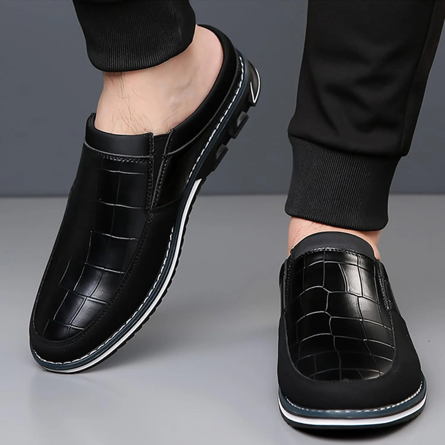 Men's Leather Printed Soft Sole Formal Mules Casual Comfortable Round Toe Flat Non-Slip Backless Lightweight Driving Loafers Business Work Mules