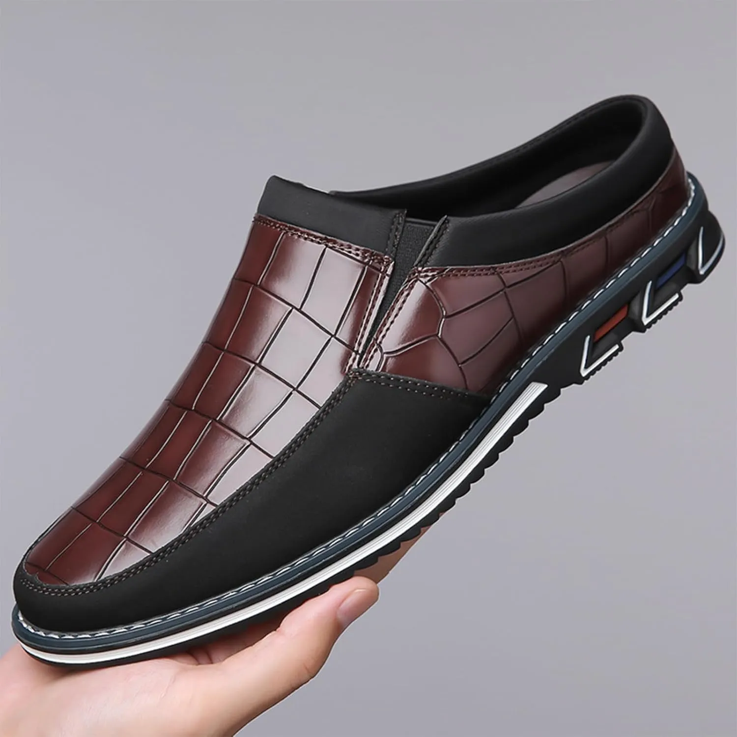 Men's Leather Printed Soft Sole Formal Mules Casual Comfortable Round Toe Flat Non-Slip Backless Lightweight Driving Loafers Business Work Mules