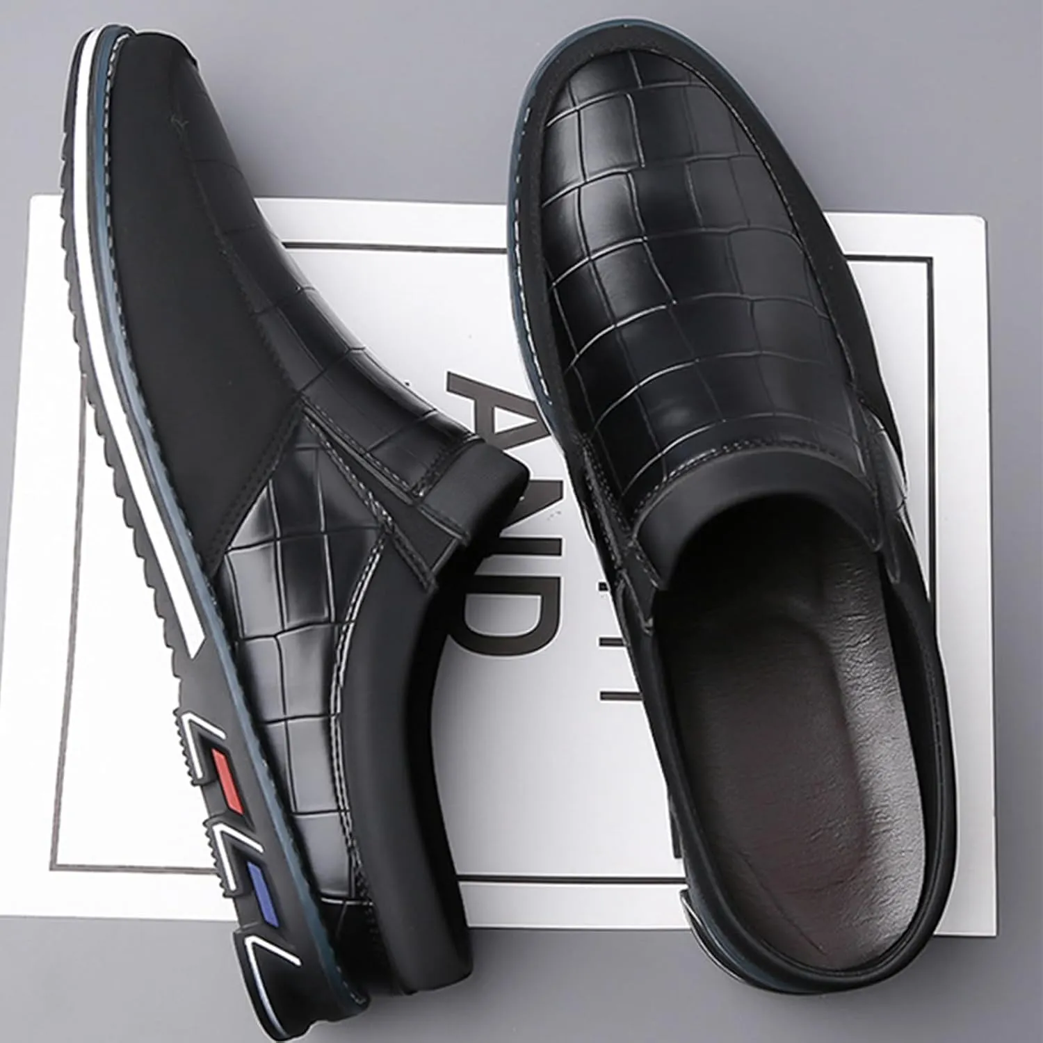 Men's Leather Printed Soft Sole Formal Mules Casual Comfortable Round Toe Flat Non-Slip Backless Lightweight Driving Loafers Business Work Mules