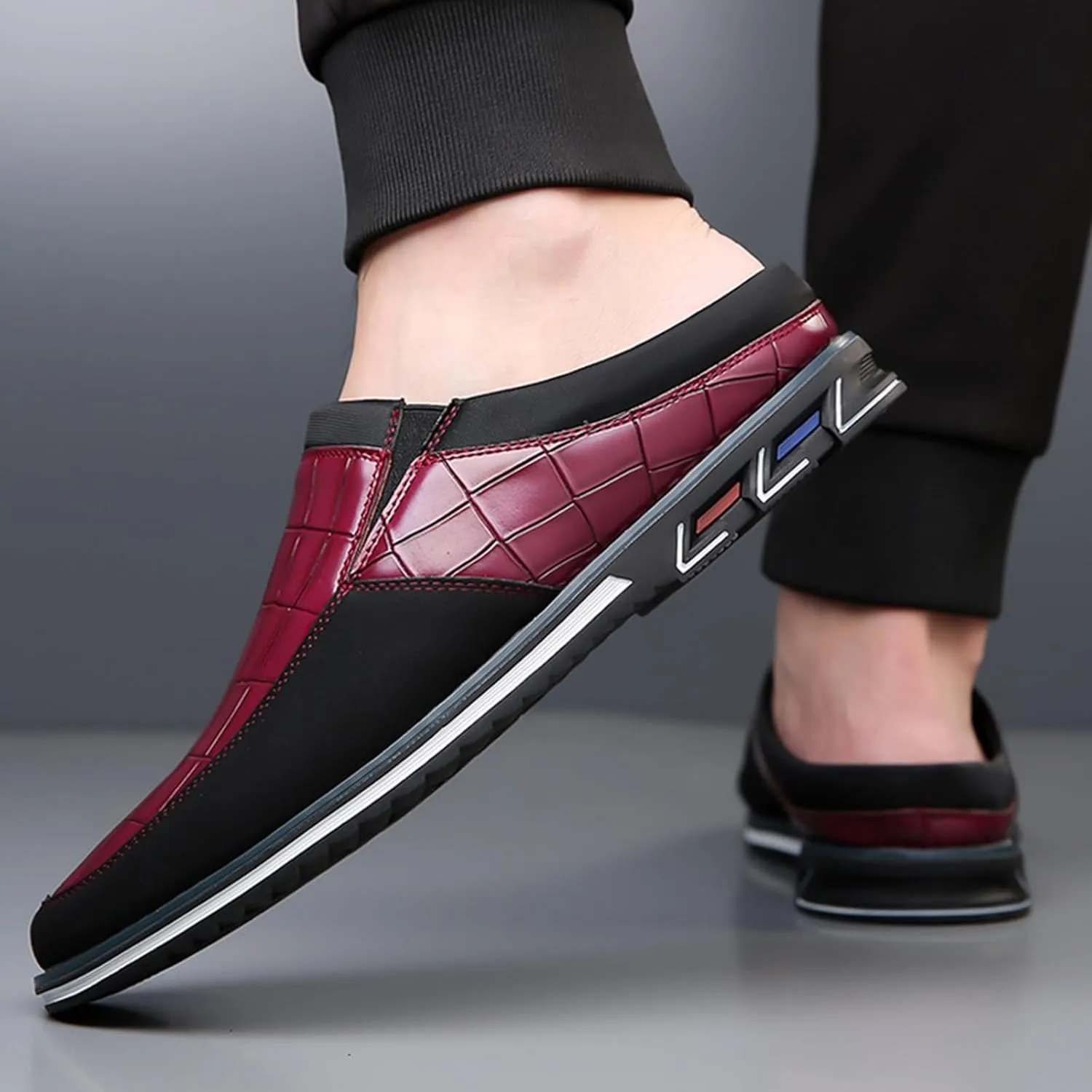 Men's Leather Printed Soft Sole Formal Mules Casual Comfortable Round Toe Flat Non-Slip Backless Lightweight Driving Loafers Business Work Mules